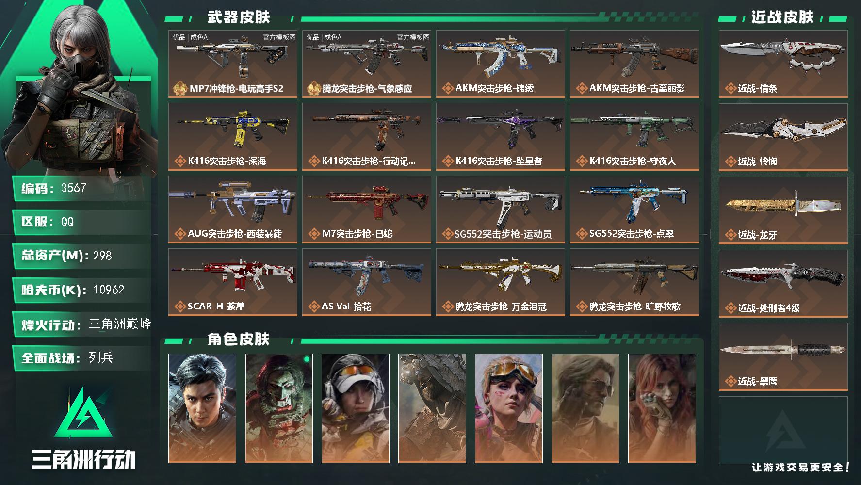 298m总资产-10962k哈夫币-60烽火等级-三角洲巅峰-21战场等级-列兵
【干员外观】：威龙-飞虎，红狼-电锯惊魂，露娜-金牌射手，乌鲁鲁-荒原猎手，蛊-不羁人生，银翼-未结卷宗，疾风-西部往事，无名-守夜人，蜂医-医生
【近战皮肤】：近战-信条，近战-怜悯，近战-龙牙，近战-处刑者4级，近战-黑鹰
【典藏外观】：MP7冲锋枪-电玩高手S2，腾龙突击步枪-气象感应
【典藏外观成色】：M