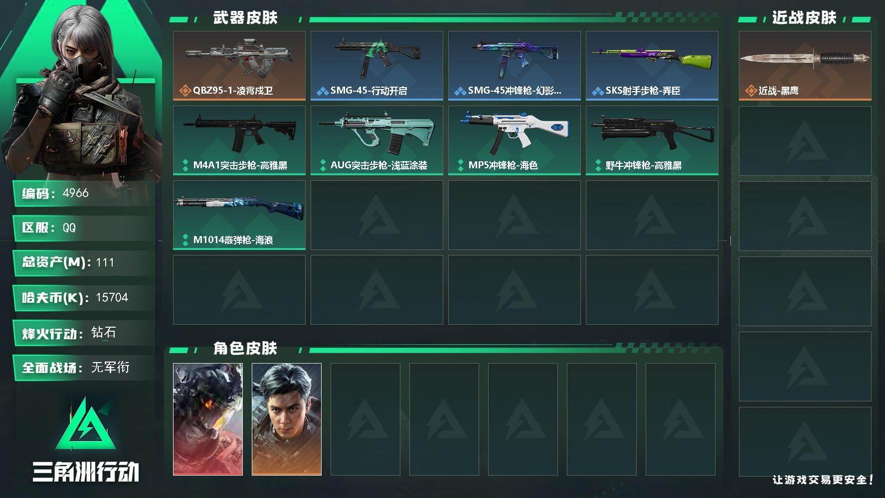 三角洲行动账号QQ【4966】总资产111M/哈夫币1570万/干员外观数2/传说枪皮数1/战场等级1/行动等级55/