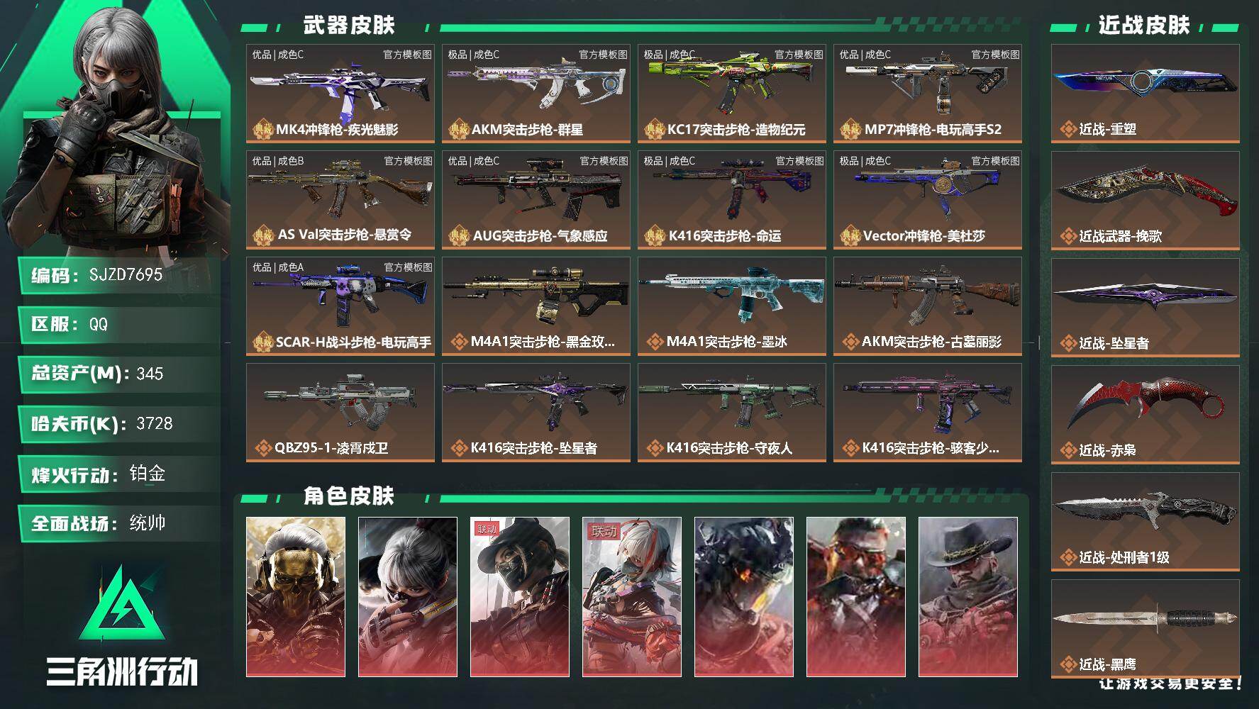 【SJZD7695】总资产345M/哈夫币372万/传说近战数5/干员外观数15/典藏外观数9/传说枪皮数46/战场等级50/行动等级60/安全箱等时效性道具以游戏内数据为准，详情请看图/挂饰-时间罗盘/挂饰-洲年惊喜盒/挂饰-阿萨拉喷火兵/挂饰-窃风密探/挂饰-死神/挂饰-魔术师/挂饰-战车/挂饰-星/挂饰-时间牢笼/挂饰-时间穿梭/挂饰-洲小礼-比特/挂饰-洲小礼-蛊/挂饰-洲小礼-蝶/挂饰-洲小礼-银翼/挂饰-维什戴尔/挂饰-蚀金玫瑰/挂饰-黑/挂饰-凌霄戍卫/挂饰-坠星者/挂饰-挽歌/挂饰-狂怒/挂饰-阿萨拉狙击兵/挂饰-阿萨拉霰弹兵/挂饰-诡影狙击兵/挂饰-聚宝盆/挂饰-隐者/挂饰-审判/挂饰-时间溶解/挂饰-时之书/挂饰-洲小礼-深蓝/挂饰-洲小礼-牧羊人/挂饰-磁吸炸弹/挂饰-信号破译器/挂饰-复合弓/挂饰-电击钻/挂饰-启程/挂饰-牛角/挂饰-幸运岩/挂饰-礼帽/挂饰-烽火主宰/挂饰- 箭袋/挂饰-靴子/挂饰-彩虹六号/挂饰-Alpha包/挂饰-骇客少女/挂饰-马赛克灯台/挂饰-拾花/挂饰-阿萨拉徽章/挂饰-紧急会议/挂饰-麻将/挂饰-星象仪/挂饰-时间陀螺/挂饰-洲年蛋糕/MK4冲锋枪-疾光魅影/AKM突击步枪-群星/KC17突击步枪-造物纪元/MP7冲锋枪-电玩高手S2/AS Val突击步枪-悬赏令/AUG突击步枪-气象感应/K416突击步枪-命运/Vector冲锋枪-美杜莎/SCAR-H战斗步枪-电玩高手/M4A1突击步枪-蚀金玫瑰/M4A1突击步枪-墨冰/AKM突击步枪-古墓丽影/QBZ95-1突击步枪-凌霄戍卫/K416突击步枪-坠星者/K416突击步枪-守夜人/K416突击步枪-骇客少女/AUG突击步枪-西装暴徒/M7战斗步枪-零度协议/AK-12突击步枪-墨冰/SCAR-H战斗步枪-水墨云图/SCAR-H战斗步枪-启航/AS Val突击步枪-拾花/腾龙突击步枪-死神玫瑰/腾龙突击步枪-旷野牧歌/腾龙突击步枪-拾花/腾龙突击步枪-定式突破/K437突击步枪-重塑/KC17突击步枪-电锯惊魂/MP5冲锋枪-墨冰/P90冲锋枪-医生/UZI冲锋枪-挽歌/SMG-45冲锋枪-拾花/勇士冲锋枪-能天使-午夜邮差/MP7冲锋枪-重塑/QCQ171冲锋枪-不羁人生/MK4冲锋枪-战术甲胄/M1014霰弹枪-墨冰/S12K霰弹枪-挽歌/725双管霰弹枪-送葬人-无题密令/PKM通用机枪-盾峰/M250通用机枪-坠星者/QJB201轻机枪-狂怒/M14射手步枪-古墓丽影/R93狙击步枪-维什戴尔/G18-飞虎/复合弓-黑·天际线/红狼-蚀金玫瑰/骇爪-水墨云图/露娜-黑·天际线/骇爪-戴什维尔/威龙-凌霄戍卫/乌鲁鲁-狂怒/牧羊人-安魂/威龙-飞虎/银翼-未结卷宗/露娜-劳拉·克劳馥/疾风-西部往事/无名-守夜人/深蓝-盾峰/蜂医-医生/骇爪-骇客少女/MK4冲锋枪-疾光魅影(优品C)/AKM突击步枪-群星(极品C)/KC17突击步枪-造物纪元(极品C)/MP7冲锋枪-电玩高手S2(优品C)/AS Val突击步枪-悬赏令(优品B)/AUG突击步枪-气象感应(优品C)/K416突击步枪-命运(极品C)/Vector冲锋枪-美杜莎(极品C)/SCAR-H战斗步枪-电玩高手(优品A)/ASh-12战斗步枪-碎冰行动/KC17突击步枪-益趣游戏/QJB201轻机枪-海韵之星/QCQ171冲锋枪-海韵之星/PSG-1射手步枪-海韵之星/AKM突击步枪-星座纵横/QBZ95-1突击步枪-战术甲胄/ASh-12战斗步枪-少女判客/SG552突击步枪-哈夫克警备/AK-12突击步枪-猛攻/SCAR-H战斗步枪-银河/AS Val突击步枪-战术甲胄/腾龙突击步枪-聚光灯/KC17突击步枪-旧日审判/MK47突击步枪-暗金属骑士/MCX LT突击步枪-户外达人/MP5冲锋枪-战术竞备/MP5冲锋枪-竞技风/MP5冲锋枪-银河/P90冲锋枪-清算时刻/UZI冲锋枪-港口艺术家/SMG-45冲锋枪-阿萨拉特攻/SMG-45冲锋枪-少女判客/SR-3M紧凑突击步枪-战术竞备/SR-3M紧凑突击步枪-暗金属骑士/勇士冲锋枪-工业狂潮/MP7冲锋枪-六套之力/MK4冲锋枪-旧日审判/PKM通用机枪-荒野求生/PKM通用机枪-阿萨拉特攻/M249轻机枪-港口艺术家/ M249轻机枪-星座纵横/M250通用机枪-囚徒/QJB201轻机枪-炽焰/QJB201轻机枪-旧日审判/Mini-14射手步枪-少女判客/SVD狙击步枪-阿萨拉工艺/M14射手步枪-甜心子弹/ M14射手步枪-猛攻/SR-25射手步枪-暗金属骑士/PSG-1射手步枪-无垢/PSG-1射手步枪-港口艺术家/杠杆式步枪-清算时刻/杠杆式步枪-银河/SV-98狙击步枪-林中猎手/SV-98狙击步枪-囚徒/SV-98狙击步枪-清算时刻/M700狙击步枪-竞技风/M700狙击步枪-星座纵横/M1014霰弹枪-花岗岩/M700狙击步枪-极地勘察队/QBZ95-1突击步枪-海岸线/SV-98狙击步枪-海岸线/R93狙击步枪-精湛工艺/AS Val突击步枪-休闲时光/R93狙击步枪-星之彩/SVD狙击步枪-酸蚀/P90冲锋枪-酸蚀/AUG突击步枪-磁暴脉冲/M16A4突击步枪-磁暴脉冲/UZI冲锋枪-管弦乐队/AKM突击步枪-肃杀/AKM突击步枪-铁血战魂/QBZ95-1突击步枪-公平竞技/QBZ95-1突击步枪-精英联盟/K416突击步枪-碳纤维/K416突击步枪-前沿科技/K416突击步枪-精英联盟/AUG突击步枪-全金属外壳/AUG突击步枪-精英联盟/M7战斗步枪-前沿科技/M7战斗步枪-精英联盟/M7战斗步枪-捣蛋鬼/SG552突击步枪-贴花艺术/AK-12突击步枪-零点/ AK-12突击步枪-马年新春/AK-12突击步枪-运动会/AK-12突击步枪-机械工业/SCAR-H战斗步枪-荣耀列队/SCAR-H战斗步枪-精英联盟/SCAR-H战斗步枪-猛攻/PTR-32突击步枪-清洁能源/AS Val突击步枪-哈夫克科技/AS Val突击步枪-前沿科技/AS Val突击步枪-精英联盟 /腾龙突击步枪-精英联盟/KC17突击步枪-精英联盟/MK47突击步枪-精英联盟/MK47突击步枪-执法武装/MP5冲锋枪-哈夫克卫队/P90冲锋枪-医疗协议/P90冲锋枪-黄昏/P90冲锋枪-执法武装/Vector冲锋枪-精英联盟/UZI冲锋枪-亚特兰蒂斯/SMG-45冲锋枪-行动开启/SMG-45冲锋枪-幻影结构/SMG-45冲锋枪-天网/SR-3M紧凑突击步枪-雪崩/勇士冲锋枪-冰天雪地/MP7冲锋枪-精英联盟/M1014霰弹枪-幻影结构/M870霰弹枪-执法武装/M249轻机枪-战损/M250通用机枪-虎啸/QJB201轻机枪-哈夫克卫队/QJB201轻机枪-猛攻/QJB201轻机枪-动力机能/Mini-14射手步枪-荣耀列队/VSS射手步枪-动力机能/M14射手步枪-出厂配置/M14射手步枪-精英联盟/SKS射手步枪-弄臣/SR-25射手步枪-开拓/SR-25射手步枪-精英联盟/SR-9射手步枪-街头涂鸦/Marlin杠杆步枪-猛攻/杠杆式步枪-运动会/SV-98狙击步枪-清洁能源/AWM狙击步枪-精英联盟/QSZ92G-一帆风顺/G18-星链科技/G18-哈夫克航天/G18-精英联盟/G18-战术练习/骇客少女-防空车/防空车-爪痕/轮式突击炮-荣耀/G17-古铜/M1911-生存玩家/.357左轮-叠锋/M249轻机枪-叠锋/M16A4突击步枪-夜穹/AS Val突击步枪-夜穹/M4A1突击步枪-粉色涂装/M4A1突击步枪-高雅黑/M4A1突击步枪-海色/AKM突击步枪-彩墨喷涂/QBZ95-1突击步枪-粉色涂装/QBZ95-1突击步枪-高雅黑/QBZ95-1突击步枪-海浪/QBZ95-1突击步枪-海色/QBZ95-1突击步枪-2026/腾龙突击步枪-三角洲力量/ASh-12战斗步枪-滋水枪/K416突击步枪-几何迷彩/K416突击步枪-高雅黑/K416突击步枪-安全工作/M16A4突击步枪-三角洲力量/M16A4突击步枪-山林猎人/M16A4突击步枪-高雅黑/M16A4突击步枪-玲珑/AUG突击步枪-浅蓝涂装/AUG突击步枪-假日海滩/M7战斗步枪-红色涂装/M7战斗步枪-黑巧甜心/SG552突击步枪-浅蓝涂装/SG552突击步枪-海浪/SG552突击步枪-彩墨喷涂/SG552突击步枪-狂欢/AK-12突击步枪-玲珑/SCAR-H战斗步枪-数码迷彩/SCAR-H战斗步枪-几何狂想/G3战斗步枪-高雅黑/PTR-32突击步枪-黄蜂/CAR-15突击步枪-狂欢/CAR-15突击步枪-滋水枪/AS Val突击步枪-黑巧甜心/AKS-74U突击步枪-几何狂想/KC17突击步枪-几何狂想/MP5冲锋枪-海色/MP5冲锋枪-黄蜂/MP5冲锋枪-几何狂想/P90冲锋枪-黑巧甜心/P90冲锋枪-滋水枪/Vector冲锋枪-几何迷彩/UZI冲锋枪-海色/UZI冲锋枪-山林猎人/UZI冲锋枪-狂欢/野牛冲锋枪-彩墨喷涂/野牛冲锋枪-高雅黑/SMG-45冲锋枪-海浪/SR-3M紧凑突击步枪-玲珑/勇士冲锋枪-假日海滩/M1014霰弹枪-高雅黑/M1014霰弹枪-海浪/M1014霰弹枪-重击/PKM通用机枪-变色龙/M249轻机枪-黄蜂/M250通用机枪-条纹/QJB201轻机枪-典雅/QJB201轻机枪-玲珑/Mini-14射手步枪-玲珑/VSS射手步枪-几何狂想/VSS射手步枪-假日海滩/SVD狙击步枪-高雅黑/SR-25射手步枪-几何迷彩/SR-25射手步枪-黄蜂/SR-25射手步枪-黑巧甜心/SV-98狙击步枪-红色涂装/R93狙击步枪-滋水枪/R93狙击步枪-狂欢/M700狙击步枪-山林猎人/QSZ92G-条纹/QSZ92G-安全工作/.357左轮-几何狂想/沙漠之鹰-海浪/沙漠之鹰-高雅黑/G18-滋水枪/M1911-假日海滩/近战-重塑/近战-挽歌/近战-坠星者/近战武器-赤枭/近战-处刑者1级/近战武器-黑鹰