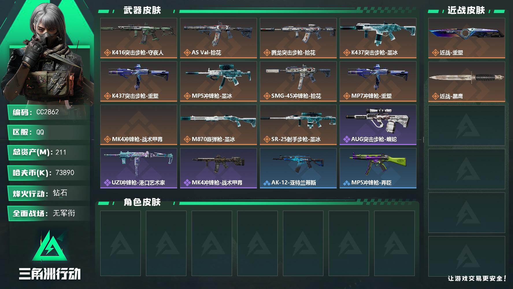 CC2862/Q区【0封】【单刀重塑0封高特勤处等级极品小号】【总资产211.5M+近战重塑+部门全3级+S11赛季3X3+满负重】/烽火等级:60级/全面战场：1级/纯币:73890K/三角券加币：158（三角币28+三角券130）【近战重塑】/部门:33333/特勤等级（技术中心3级/工作台3级/制药台3级/防具台3级/仓库7级/指挥中心6级/训练中心6级/靶场7级/潜水中心2级/收藏室0级/洗消舱2级）橙色挂饰1------墨冰 拾花 捆绑包 /段位：钻石（流动资产：177.7M）详情看图zsy