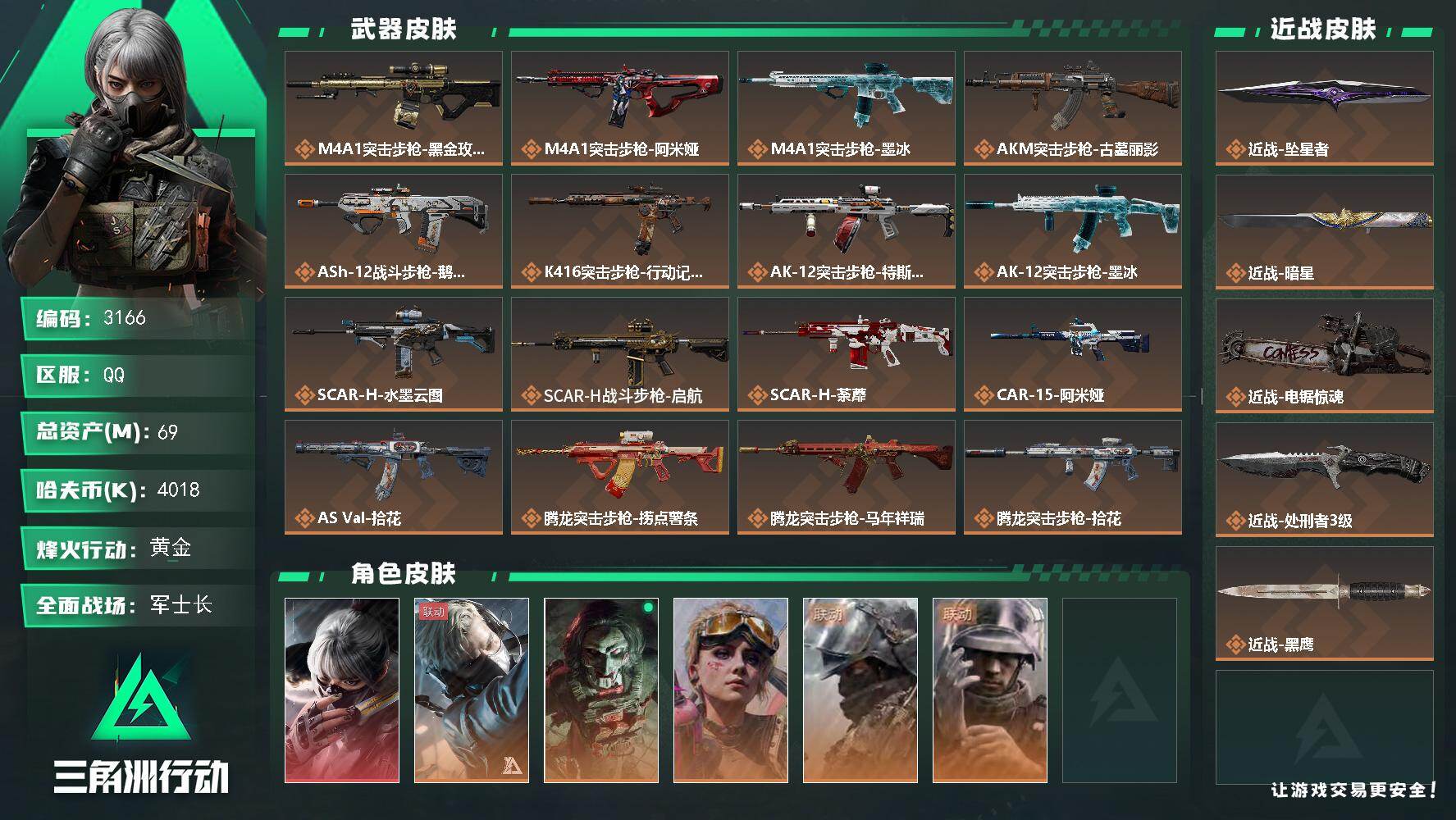 【3166】【1红3刀·水墨云图·坠星者·暗星·电锯·电锯会证明电锯的】69m总资产-4018k哈夫币-60烽火等级-黄金-50战场等级-军士长
【干员外观】：骇爪-水墨云图，蜂医-送葬人·无题密令，红狼-电锯惊魂，蛊-不羁人生，深蓝-盾峰，蜂医-医生
【近战皮肤】：近战-坠星者，近战-暗星，近战-电锯惊魂，近战-处刑者3级，近战-黑鹰
【传说外观】：M4A1突击步枪-蚀金玫瑰，M4A1突击步