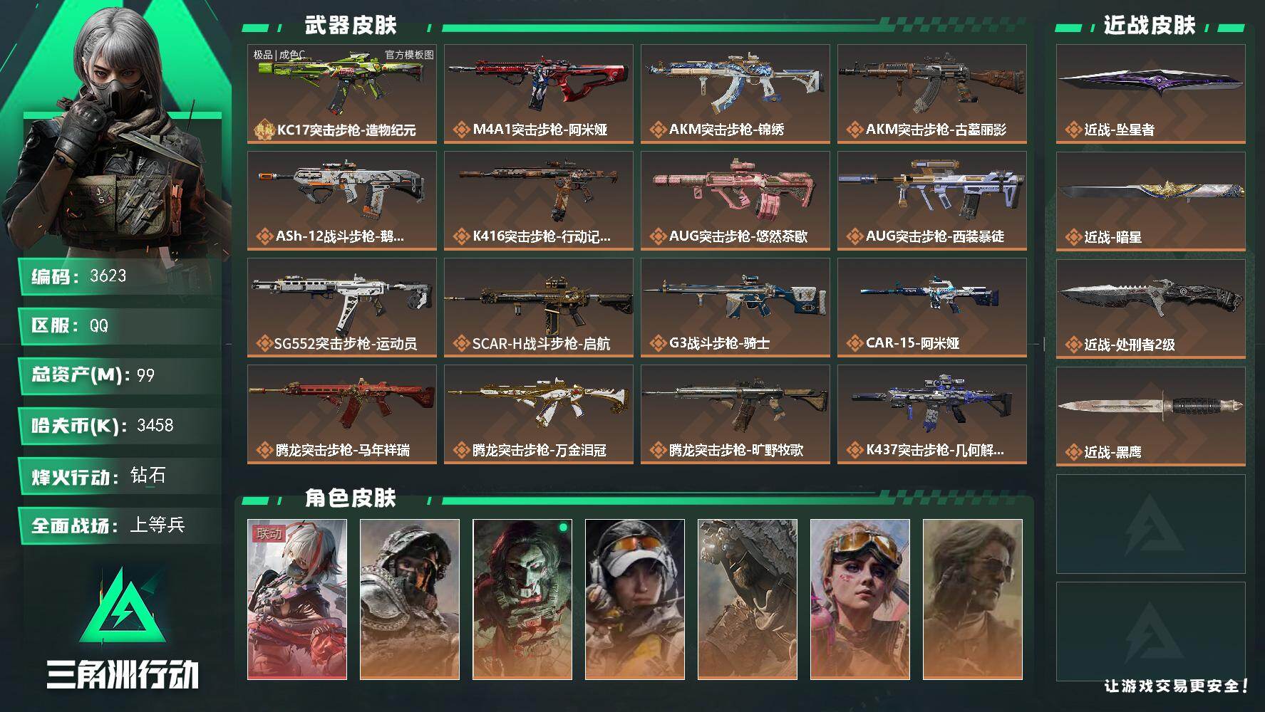 99m总资产-3458k哈夫币-60烽火等级-钻石-24战场等级-上等兵
【干员外观】：骇爪-维什戴尔，深蓝-不破誓约，红狼-电锯惊魂，露娜-金牌射手，乌鲁鲁-荒原猎手，蛊-不羁人生，银翼-未结卷宗
【近战皮肤】：近战-坠星者，近战-暗星，近战-处刑者2级，近战-黑鹰
【典藏外观】：KC17突击步枪-造物纪元
【典藏外观成色】：KC17突击步枪-造物纪元(极品C)
【传说外观】：M4A1突击步
