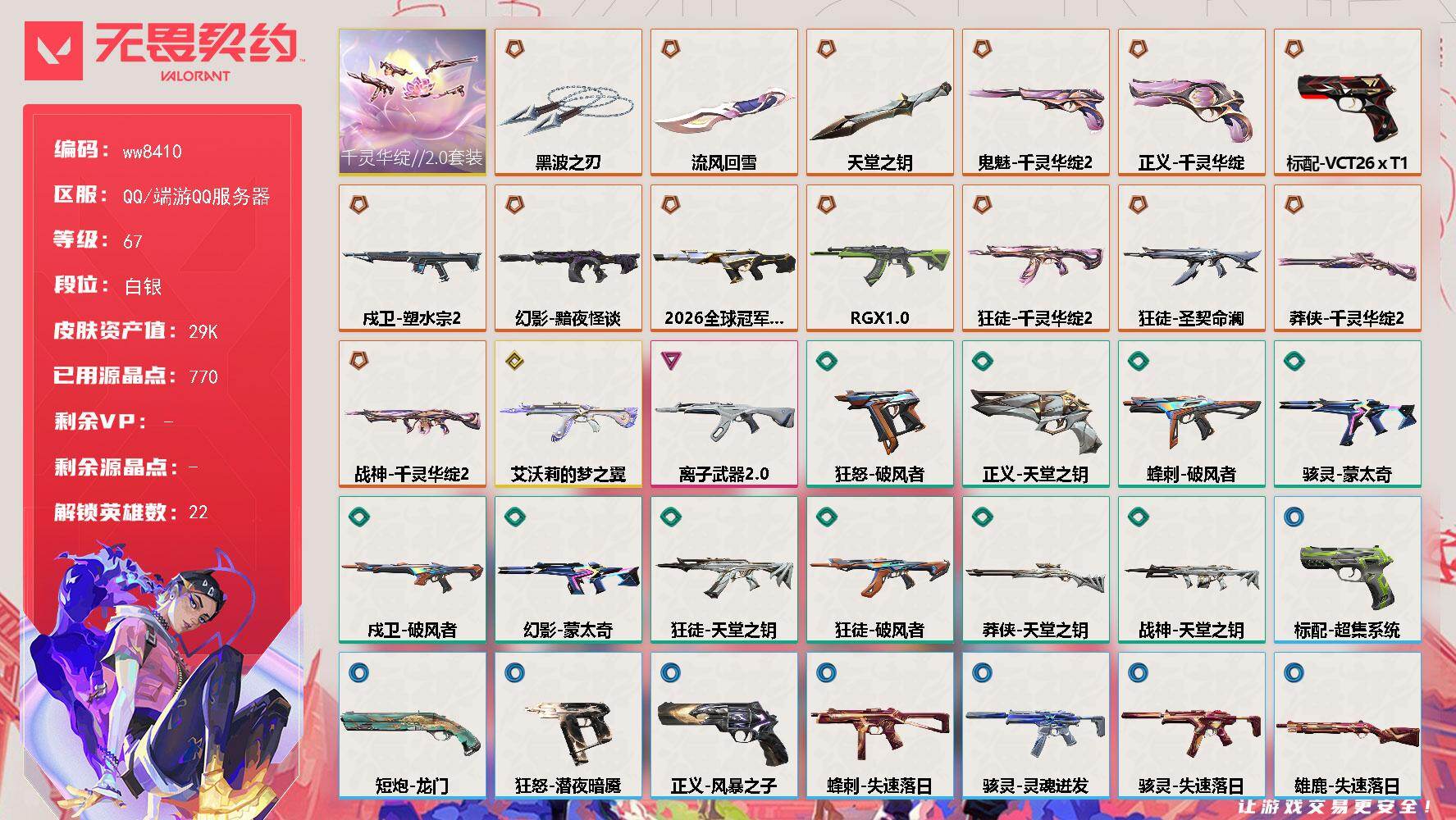 LV等级67/皮肤总价值29720/段位白银/总皮肤数量70/刀皮数量3/枪皮数量67/套装数量1/具体详情请看图/追猎-失速落日/蜂刺-破风者/蜂刺-失速落日/幻棱/炼狱/维斯/暮蝶/壹决/铁臂/捷风/幽影/不死鸟/贤者/猎枭/零/芮娜/尚勃勒/霓虹/夜露/K/O/海神/盖可/黑梦/钢锁/迷核/雄鹿-失速落日/骇灵-蒙太奇/骇灵-灵魂迸发/骇灵-失速落日/獠犬-灵魂迸发/判官-龙门/幻影-2