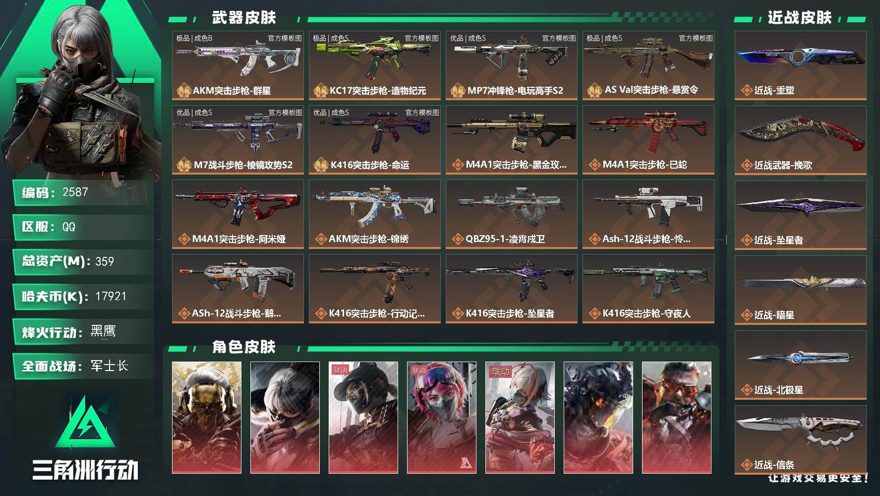 359m总资产-17921k哈夫币-60烽火等级-黑鹰-48战场等级-军士长
【干员外观】：红狼-蚀金玫瑰，骇爪-水墨云图，露娜-黑·天际线，蛊-能天使午夜邮差，骇爪-维什戴尔，威龙-凌霄戍卫，乌鲁鲁-狂怒，威龙-壮志凌云，蜂医-送葬人·无题密令，无名-夜鹰，深蓝-不破誓约，红狼-电锯惊魂，露娜-金牌射手，乌鲁鲁-荒原猎手，蛊-不羁人生，银翼-未结卷宗，疾风-西部往事，无名-守夜人，深蓝-盾峰
