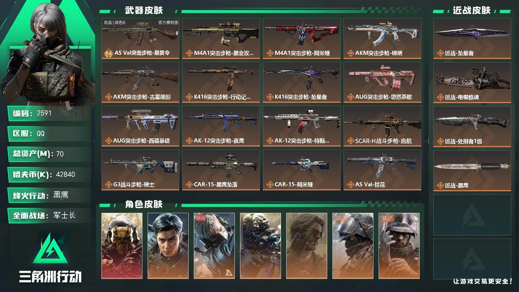 70m总资产-42840k哈夫币-60烽火等级-黑鹰-30战场等级-军士长
【干员外观】：红狼-蚀金玫瑰，威龙-飞虎，蜂医-送葬人·无题密令，无名-夜鹰，银翼-未结卷宗，深蓝-盾峰，蜂医-医生
【近战皮肤】：近战-坠星者，近战-电锯惊魂，近战-处刑者1级，近战-黑鹰
【典藏外观】：AS Val突击步枪-悬赏令
【典藏外观成色】：AS Val突击步枪-悬赏令(优品B)
【传说外观】：M4A1突击