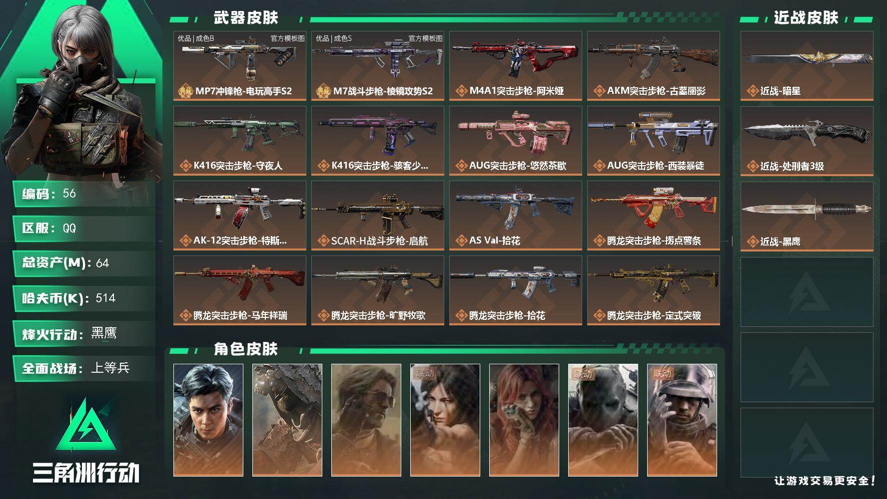 64m总资产-514k哈夫币-60烽火等级-黑鹰-17战场等级-上等兵
【干员外观】：威龙-飞虎，乌鲁鲁-荒原猎手，银翼-未结卷宗，露娜-劳拉·克劳馥，疾风-西部往事，无名-守夜人，蜂医-医生
【近战皮肤】：近战-暗星，近战-处刑者3级，近战-黑鹰
【典藏外观】：MP7冲锋枪-电玩高手S2，M7战斗步枪-棱镜攻势S2
【典藏外观成色】：MP7冲锋枪-电玩高手S2(优品B)，M7战斗步枪-棱镜攻
