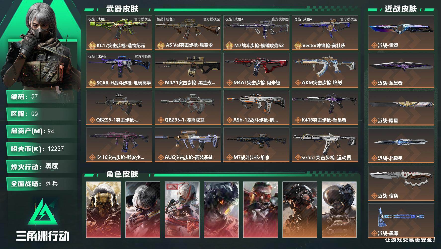 【三角劵22430】94m总资产-12237k哈夫币-60烽火等级-黑鹰-23战场等级-列兵
【干员外观】：红狼-蚀金玫瑰，骇爪-水墨云图，骇爪-维什戴尔，威龙-凌霄戍卫，乌鲁鲁-狂怒，威龙-铁面判官，威龙-壮志凌云，威龙-飞虎，蜂医-送葬人·无题密令，牧羊人-街头之王，无名-夜鹰，深蓝-不破誓约，露娜-金牌射手，乌鲁鲁-荒原猎手，银翼-未结卷宗，疾风-西部往事
【近战皮肤】：近战-重塑，近战
