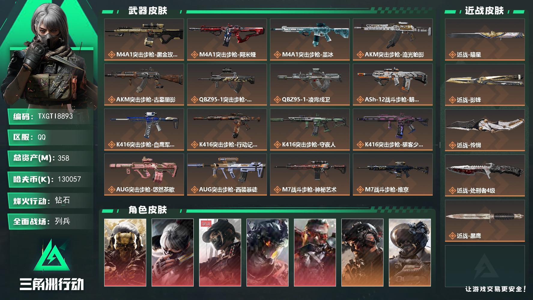 【TXGTI8893】358m总资产-k哈夫币-60烽火等级-钻石-29战场等级-列兵
【干员外观】：红狼-蚀金玫瑰，骇爪-水墨云图，露娜-黑·天际线，威龙-凌霄戍卫，乌鲁鲁-狂怒，威龙-铁面判官，威龙-壮志凌云，蜂医-送葬人·无题密令，牧羊人-街头之王，无名-夜鹰，深蓝-不破誓约，红狼-电锯惊魂，露娜-金牌射手，乌鲁鲁-荒原猎手，蛊-不羁人生，银翼-未结卷宗，疾风-西部往事，无名