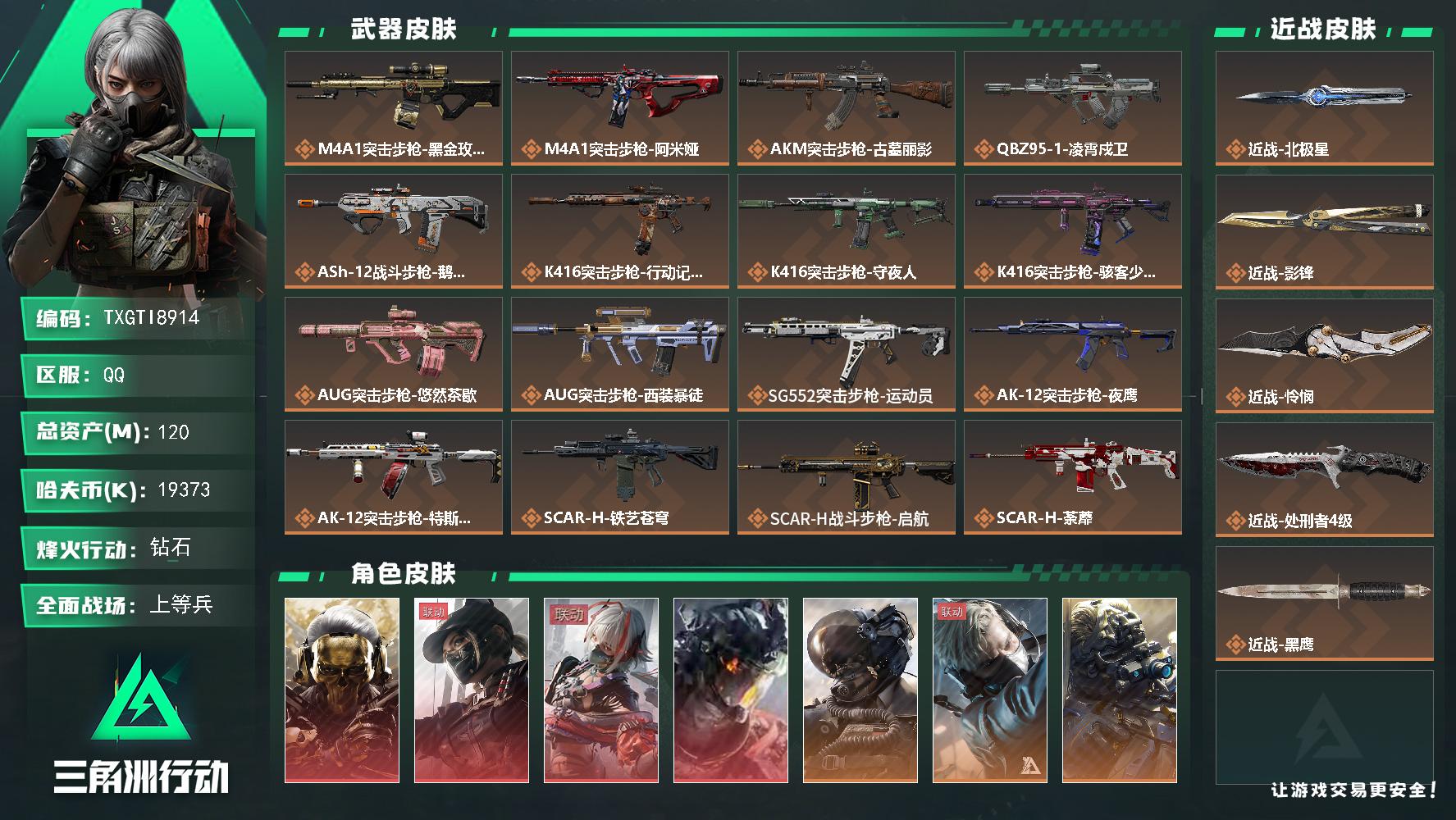 【TXGTI8914】120m总资产-19373k哈夫币-60烽火等级-钻石-23战场等级-上等兵
【干员外观】：红狼-蚀金玫瑰，露娜-黑·天际线，骇爪-维什戴尔，威龙-凌霄戍卫，威龙-壮志凌云，蜂医-送葬人·无题密令，无名-夜鹰，深蓝-不破誓约，红狼-电锯惊魂，露娜-金牌射手，乌鲁鲁-荒原猎手，蛊-不羁人生，银翼-未结卷宗，疾风-西部往事，无名-守夜人，蜂医-医生
【近战皮肤】：近战-北极星