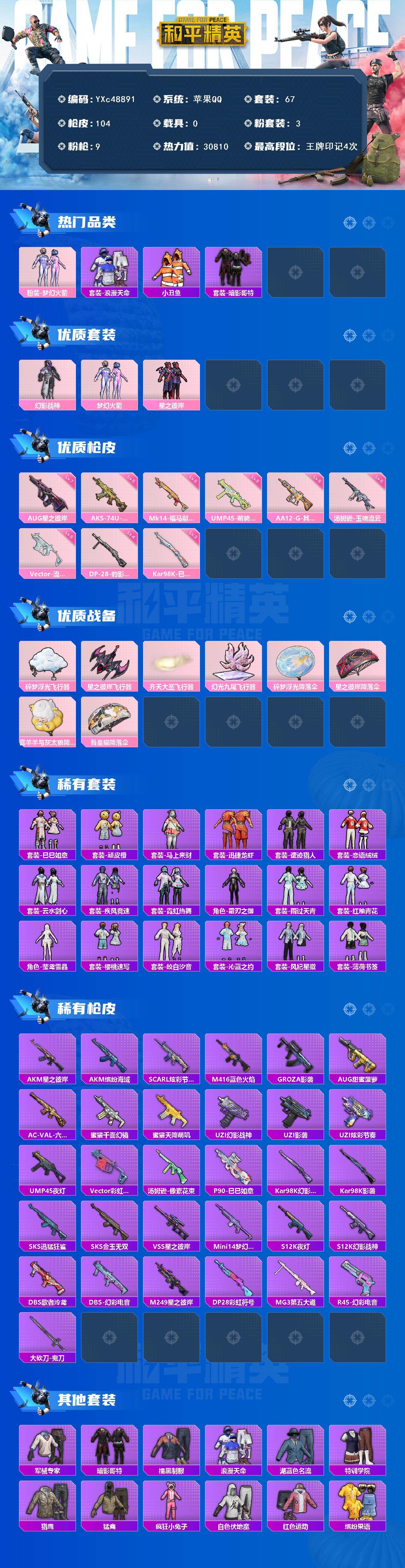 PX_2979909-01 满级AUG星之彼岸】YXc48891-【无二次协助处理】【因赛季更新游戏段付以上号为准!】 苹果Q-2稀有3粉装9特效枪2热门67套装104枪皮 4印记 历史超级王牌8星 【2稀有】 AKM-缤纷海域 浪漫天命 【3粉装】 梦幻火箭 幻影战神 星之彼岸 【9特效枪】 汤姆逊-玉魄流云 (5级) AKS-74U-森灵之息 (5级) Kar98K-巳巳如