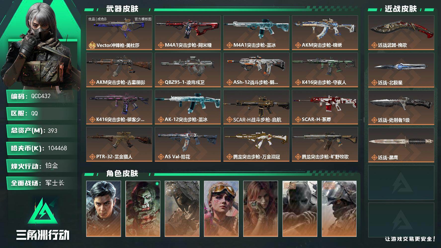 QCC432/可二次有录屏/QQ区【彦祖精品号三刀1典藏+非洲之心】【总资产:393.5M+近战北极星+近战挽歌+威龙-飞虎+Vector冲锋枪-美杜莎优品B】/烽火等级:60/全面战场：50/纯币:104/三角券加币：59（三角币2+三角券57）//部门:12211/特勤等级（技术中心3级/工作台3级/制药台2级/防具台3级/仓库7级/指挥中心3级/训练中心6级/靶场4级/潜水中心1级/收藏室1级）【近战北极星+近战挽歌+近战处刑者】【威龙-飞虎+蛊-不羁人生+乌鲁鲁-荒原猎手+疾风-西部往事】【Vector冲锋枪-美杜莎优品B+M4A1突击步枪-阿米娅+AKM突击步枪-锦绣+K416突击步枪-守夜人+腾龙突击步枪-拾花/万金泪冠/旷野牧歌】---拾花捆绑包+墨冰捆绑包+茶糜捆绑包---/橙色挂饰x5/流动资产：370.9M段位：钻石3/详细看图