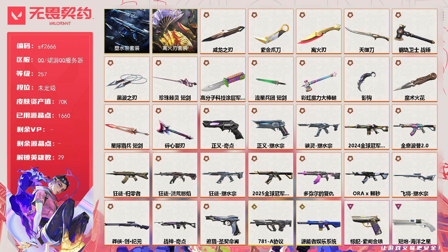 【sf2666】LV等级257/皮肤总价值70050/段位未定级/总皮肤数量116/刀皮数量14/枪皮数量102/套装数量2/具体详情请看图/追猎-圣契命澜/蜂刺-天界神兵/蜂刺-深海水族/蜂刺-纤云弄巧/蜂刺-战术小伙伴/蜂刺-甜心猎手/幻棱/炼狱/维斯/暮蝶/钛狐/壹决/铁臂/捷风/雷兹/幽影/不死鸟/贤者/猎枭/蝰蛇/零/芮娜/奇乐/尚勃勒/霓虹/斯凯/夜露/星礈/K/O/海神/盖可/黑