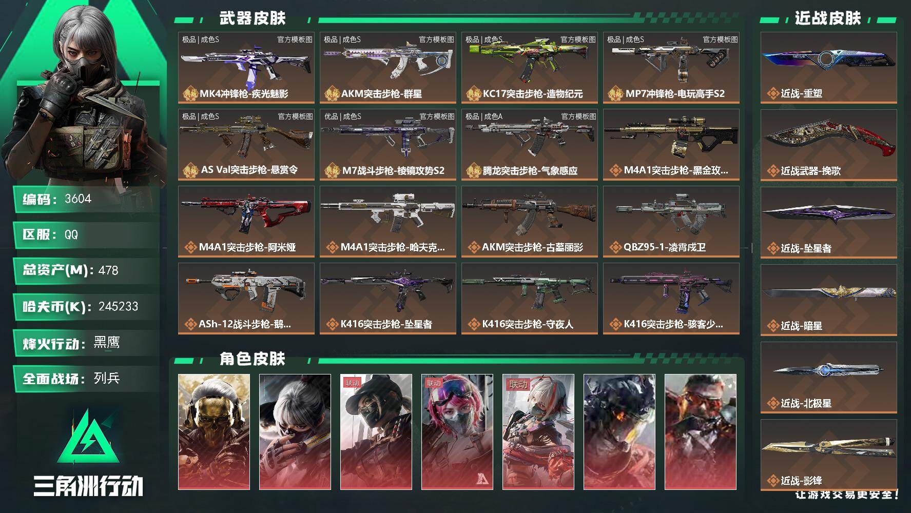 【全红皮】【极品S星河光AK】【极品S海洋巨浪流光玉】【极品S绘彩款mk4】【极品A贵金属火腾龙】【优品S小渐变m7】【3安全箱皮肤】【149发aw】478m总资产-k哈夫币-60烽火等级-黑鹰-41战场等级-列兵
【干员外观】：红狼-蚀金玫瑰，骇爪-水墨云图，露娜-黑·天际线，蛊-能天使午夜邮差，骇爪-维什戴尔，威龙-凌霄戍卫，乌鲁鲁-狂怒，牧羊人-安魂，威龙-壮志凌云，威龙-飞