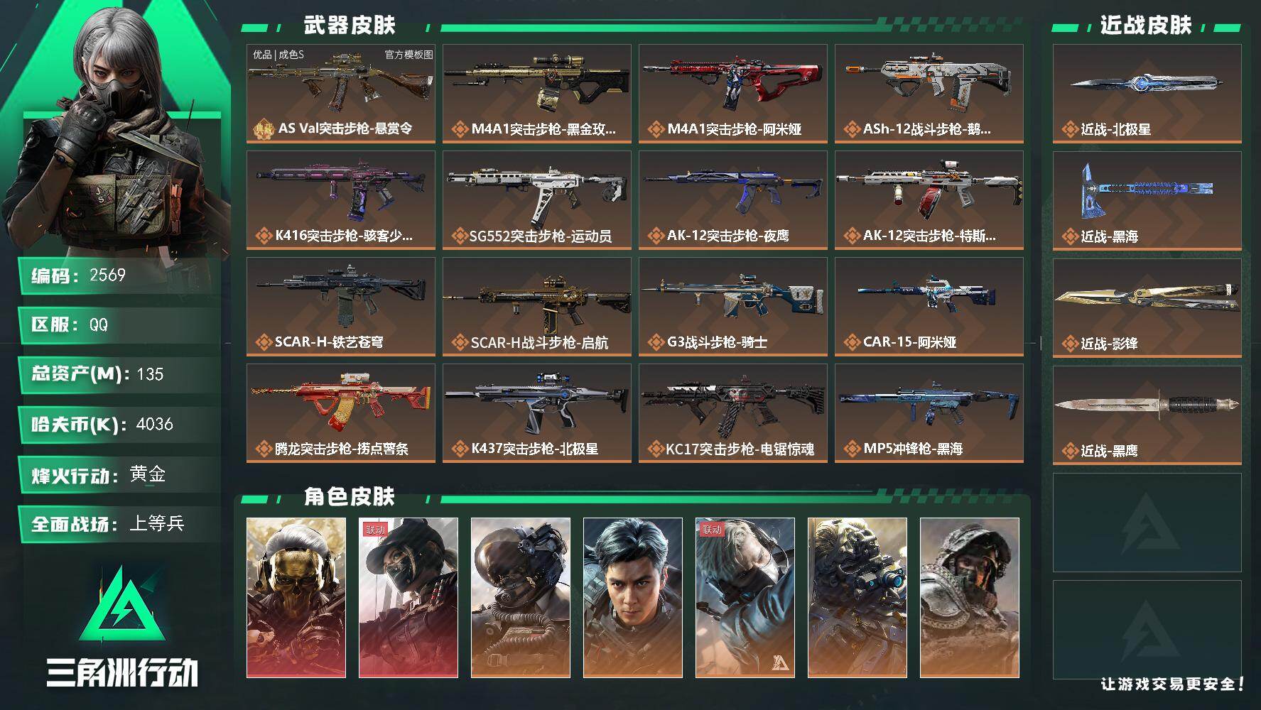 135m总资产-4036k哈夫币-60烽火等级-黄金-50战场等级-上等兵
【干员外观】：红狼-蚀金玫瑰，露娜-黑·天际线，威龙-壮志凌云，威龙-飞虎，蜂医-送葬人·无题密令，无名-夜鹰，深蓝-不破誓约，红狼-电锯惊魂，露娜-金牌射手
【近战皮肤】：近战-北极星，近战-黑海，近战-影锋，近战-黑鹰
【典藏外观】：AS Val突击步枪-悬赏令
【典藏外观成色】：AS Val突击步枪-悬赏令(优品