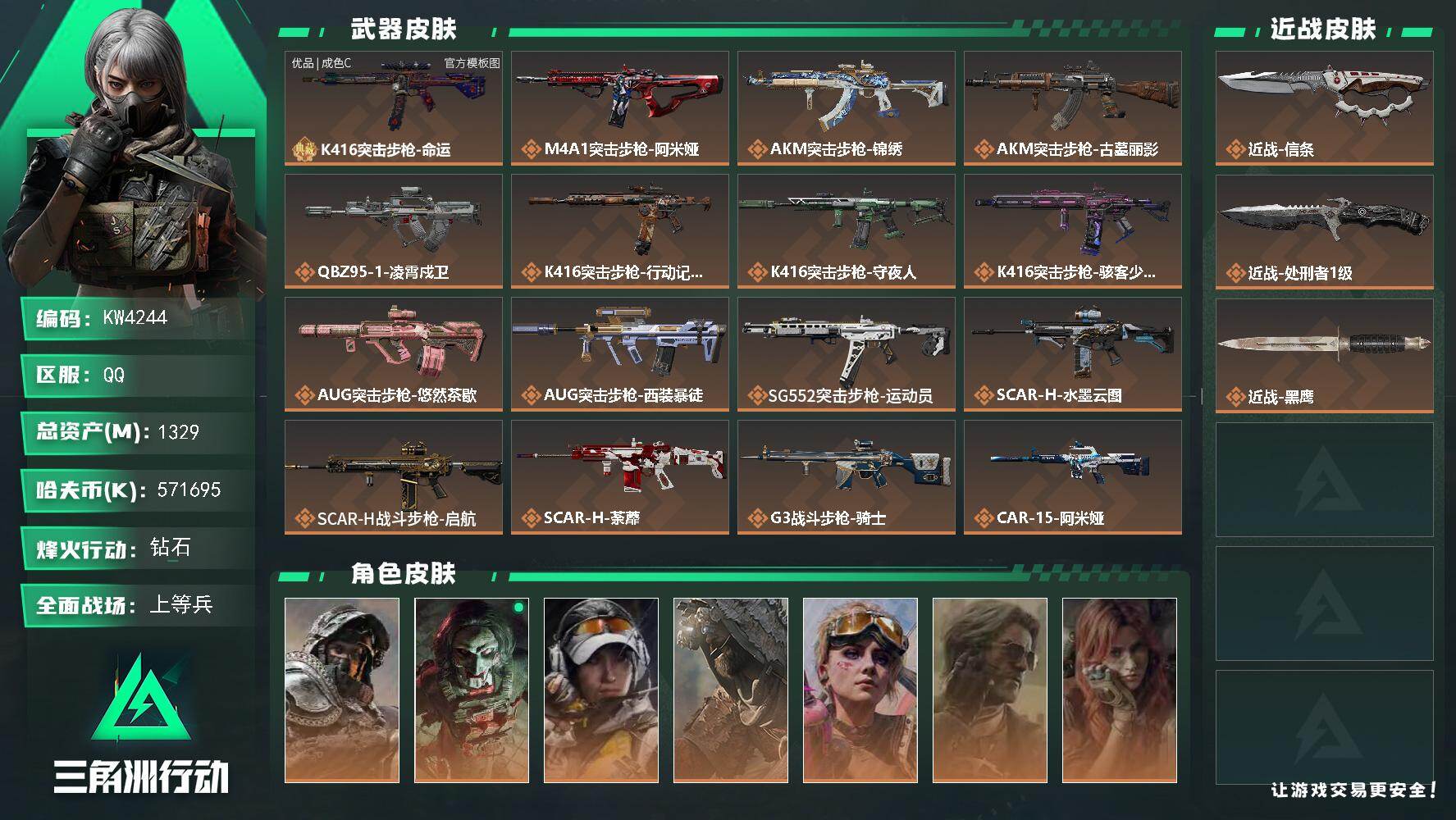 234aw  1.1b流动 5亿哈佛币  信条 k416优品c1329m总资产-k哈夫币-60烽火等级-钻石-29战场等级-上等兵
【干员外观】：深蓝-不破誓约，红狼-电锯惊魂，露娜-金牌射手，乌鲁鲁-荒原猎手，蛊-不羁人生，银翼-未结卷宗，疾风-西部往事，无名-守夜人，深蓝-盾峰
【近