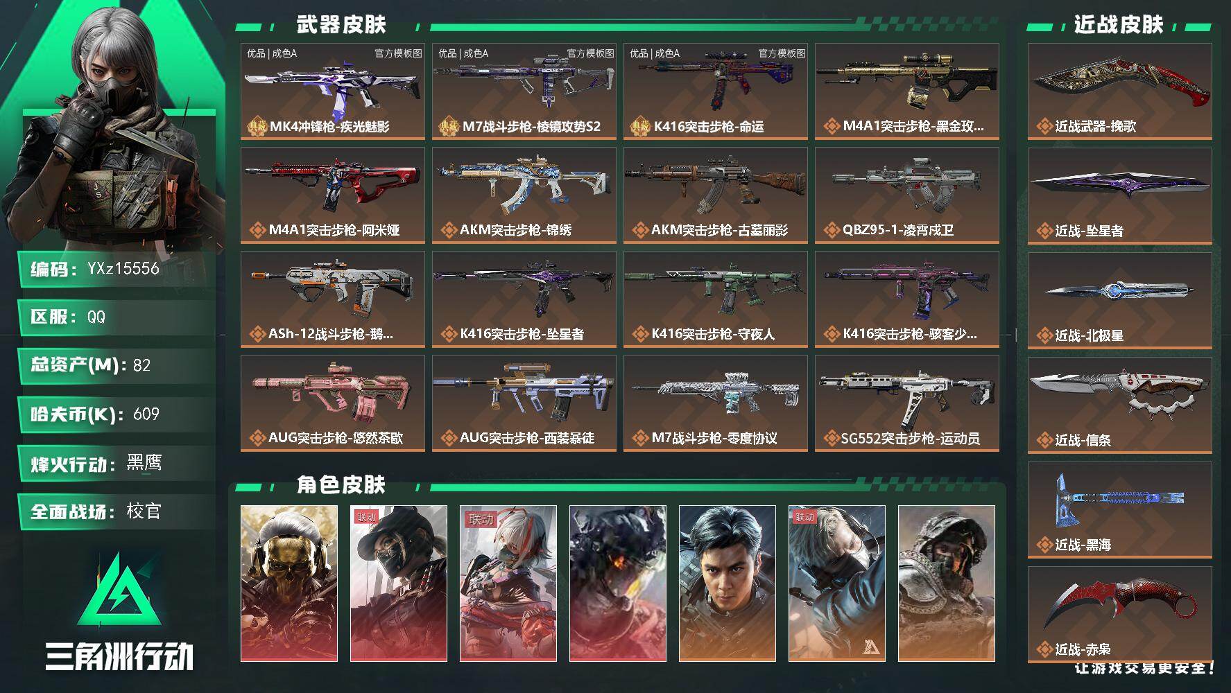 【总资产82M+哈夫币60万+三角券474】【7体6负】【4红皮12金皮6刀皮3砖皮】【红皮：蚀金玫瑰-黑天际线-凌霄戍卫-维什戴尔】【稀有金皮：飞虎】【刀皮：赤枭-黑海-北极星-信条-坠星者-挽歌】【MK4冲锋枪-疾光魅影-优品A-经典款-橙黑】【M7战斗步枪-棱镜攻势S2-优品A-粉金】【K416突击步枪-命运-优品A-扑克K-金橙】【连体王者-安卓Q-148皮肤】【连体无畏端游-12120皮肤总价值】 
【Q区三端互通】【无二协助处理】YXz15556-特勤处：仓库8级/靶场6级/训练中心7级-82m总资产-609k哈夫币-60烽火等级-黑鹰-50战场等级-校官
【干员外观】：红狼-蚀金玫瑰，露娜-黑·天际线，骇爪-维什戴尔，威龙-凌霄戍卫，威龙-飞虎，蜂医-送葬人·无题密令，深蓝-不破誓约，露娜-金牌射手，乌鲁鲁-荒原猎手，蛊-不羁人生，银翼-未结卷宗，露娜-劳拉·克劳馥，疾风-西部往事，无名-守夜人，蜂医-医生，骇爪-骇客少女
【近战皮肤】：近战-挽歌，近战-坠星者，近战-北极星，近战-信条，近战-黑海，近战-赤枭，近战-黑鹰
【典藏外观】：MK4冲锋枪-疾光魅影，M7战斗步枪-棱镜攻势S2，K416突击步枪-命运
【典藏外观成色】：MK4冲锋枪-疾光魅影(优品A)，M7战斗步枪-棱镜攻势S2(优品A)，K416突击步枪-命运(优品A)
【传说外观】：M4A1突击步枪-蚀金玫瑰，M4A1突击步枪-阿米娅，AKM突击步枪-锦绣，AKM突击步枪-古墓丽影，QBZ95-1突击步枪-凌霄戍卫，ASh-12战斗步枪-鹅鸭杀，K416突击步枪-坠星者，K416突击步枪-守夜人，K416突击步枪-骇客少女，AUG突击步枪-悠然茶歇，AUG突击步枪-西装暴徒，M7战斗步枪-零度协议，SG552突击步枪-运动员，AK-12突击步枪-特斯拉线圈，SCAR-H战斗步枪-水墨云图，SCAR-H战斗步枪-启航，SCAR-H战斗步枪-荼蘼，G3战斗步枪-骑士，CAR-15突击步枪-阿米娅，AS Val突击步枪-拾花，腾龙突击步枪-捞点薯条，腾龙突击步枪-万金泪冠，腾龙突击步枪-旷野牧歌，腾龙突击步枪-拾花，K437突击步枪-墨冰，K437突击步枪-锦绣，MK47突击步枪-悠然茶歇，MP5冲锋枪-墨冰，P90冲锋枪-信条，P90冲锋枪-医生，UZI冲锋枪-特斯拉线圈，UZI冲锋枪-悠然茶歇，UZI冲锋枪-挽歌，SMG-45冲锋枪-锦绣，SMG-45冲锋枪-拾花，SR-3M紧凑突击步枪-特斯拉线圈，SR-3M紧凑突击步枪-荼蘼，勇士冲锋枪-能天使-午夜邮差，勇士冲锋枪-万金泪冠，QCQ171冲锋枪-鹅鸭杀，QCQ171冲锋枪-不羁人生，MK4冲锋枪-战术甲胄，S12K霰弹枪-挽歌，M870霰弹枪-墨冰，725双管霰弹枪-送葬人-无题密令，PKM通用机枪-荼蘼，M250通用机枪-骑士之心，M250通用机枪-坠星者，QJB201轻机枪-鹅鸭杀，M14射手步枪-蛮荒，M14射手步枪-古墓丽影，SKS射手步枪-骑士，SR-25射手步枪-信条，SR-25射手步枪-墨冰，R93狙击步枪-维什戴尔，AWM狙击步枪-捞点薯条，AWM狙击步枪-万金泪冠，G18-飞虎，93R-捞点薯条，复合弓-黑·天际线
【史诗外观】：AKM突击步枪-星座纵横，QBZ95-1突击步枪-曙光，QBZ95-1突击步枪-战术甲胄，ASh-12战斗步枪-无极限，ASh-12战斗步枪-少女判客，K416突击步枪-冬日风情，K416突击步枪-腊梅，K416突击步枪-阿萨拉特攻，M16A4突击步枪-竞赛选手，AUG突击步枪-蝮蛇，M7战斗步枪-百步穿杨，M7战斗步枪-庇护者，SG552突击步枪-哈夫克警备，SCAR-H战斗步枪-囚徒，SCAR-H战斗步枪-银河，G3战斗步枪-流沙送葬，G3战斗步枪-哈夫克警备， PTR-32突击步枪-Old Habits，AS Val突击步枪-百步穿杨，AS Val突击步枪-战术甲胄，腾龙突击步枪-无垢，腾龙突击步枪-猎鳄行动，K437突击步枪-守护者，K437突击步枪-丛影谍踪，KC17突击步枪-旧日审判，MK47突击步枪-暗金属骑士，MP5冲锋枪-战术竞备，MP5冲锋枪-竞技风，MP5冲锋枪-银河，P90冲锋枪-紧急戒备，P90冲锋枪-清算时刻，Vector冲锋枪-百步穿杨，Vector冲锋枪-异域战争，UZI冲锋枪-港口艺术家，SMG-45冲锋枪-少女判客，SR-3M紧凑突击步枪-荒野求生，SR-3M紧凑突击步枪-战术竞备，SR-3M紧凑突击步枪-开工大吉，SR-3M紧凑突击步枪-暗金属骑士，勇士冲锋枪-深海恐惧，勇士冲锋枪-工业狂潮，勇士冲锋枪-丛影谍踪，MP7冲锋枪-无垢，MP7冲锋枪-守护者，MP7冲锋枪-六套之力，MK4冲锋枪-旧日审判，MK4冲锋枪-战术甲胄，S12K霰弹枪-曙光，PKM通用机枪-蝮蛇，PKM通用机枪-荒野求生，PKM通用机枪-阿萨拉特攻，M249轻机枪-丛影谍踪，M249轻机枪-港口艺术家， M249轻机枪-星座纵横，M250通用机枪-囚徒，QJB201轻机枪-炽焰，QJB201轻机枪-Old Habits，QJB201轻机枪-旧日审判，Mini-14射手步枪-守护者，Mini-14射手步枪-少女判客，VSS射手步枪-丛影谍踪，SVD狙击步枪-阿萨拉工艺，SVD狙击步枪-荒野求生， M14射手步枪-猛攻，SR-25射手步枪-暗金属骑士，PSG-1射手步枪-无垢，PSG-1射手步枪-港口艺术家，杠杆式步枪-清算时刻，杠杆式步枪-银河，SV-98狙击步枪-林中猎手，SV-98狙击步枪-囚徒，SV-98狙击步枪-猎鳄行动，SV-98狙击步枪-清算时刻，M700狙击步枪-竞技风，M700狙击步枪-蝮蛇，M700狙击步枪-百步穿杨，M700狙击步枪-哈夫克警备，M700狙击步枪-星座纵横，AWM狙击步枪-无极限，AWM狙击步枪-流沙送葬，沙漠之鹰-曙光，复合弓-守护者
【稀有外观】：M4A1突击步枪-繁盛，AKM突击步枪-前沿科技，AKM突击步枪-战术演练，AKM突击步枪-肃杀，AKM突击步枪-铁血战魂，QBZ95-1突击步枪-公平竞技，ASh-12战斗步枪-繁盛，K416突击步枪-虎啸，K416突击步枪-一帆风顺，AUG突击步枪-全金属外壳，M7战斗步枪-捣蛋鬼，SG552突击步枪-2026，SG552突击步枪-马年新春，SG552突击步枪-贴花艺术， AK-12突击步枪-马年新春，SCAR-H突击步枪-前沿科技，SCAR-H战斗步枪-荣耀列队，SCAR-H战斗步枪-黄昏，SCAR-H战斗步枪-开心时刻，SCAR-H战斗步枪-猛攻，G3战斗步枪-战术演练，G3战斗步枪-主宰*2，PTR-32突击步枪-清洁能源，CAR-15突击步枪-来财，AS Val突击步枪-哈夫克科技，腾龙突击步枪-雪崩，腾龙突击步枪-前沿科技，KC17突击步枪-来财，MK47突击步枪-冰河潜伏者，MK47突击步枪-执法武装，MCX LT突击步枪-运动会，MP5冲锋枪-前沿科技，MP5冲锋枪-弄臣，MP5冲锋枪-虎啸，MP5冲锋枪-哈夫克卫队，P90冲锋枪-医疗协议，P90冲锋枪-黄昏，P90冲锋枪-捣蛋鬼，P90冲锋枪-执法武装，Vector冲锋枪-先锋，UZI冲锋枪-亚特兰蒂斯，野牛冲锋枪-前沿科技，野牛冲锋枪-冰河潜伏者，SMG-45冲锋枪-行动开启，SMG-45冲锋枪-幻影结构，SMG-45冲锋枪-天网，SR-3M紧凑突击步枪-雪崩，SR-3M紧凑突击步枪-马年新春，勇士冲锋枪-主宰，勇士冲锋枪-冰天雪地，M1014霰弹枪-幻影结构，S12K霰弹枪-战术演练，M870霰弹枪-执法武装，M249轻机枪-战损，M249轻机枪-冰天雪地，M250通用机枪-虎啸，QJB201轻机枪-黄昏，QJB201轻机枪-哈夫克卫队，QJB201轻机枪-猛攻，QJB201轻机枪-动力机能，Mini-14射手步枪-荣耀列队，Mini-14射手步枪-来财，VSS射手步枪-动力机能，M14射手步枪-出厂配置，SKS射手步枪-弄臣，SKS射手步枪-雪崩，SR-25射手步枪-开拓，SR-9射手步枪-街头涂鸦，PSG-1射手步枪-主宰，Marlin杠杆步枪-猛攻，SV-98狙击步枪-星链科技，SV-98狙击步枪-哈夫克航天，SV-98狙击步枪-精英联盟，SV-98狙击步枪-清洁能源，QSZ92G-一帆风顺，G18-星链科技，G18-哈夫克航天，G18-战术练习
【普通外观】：M1911-生存玩家，M249轻机枪-生存玩家，.357左轮-叠锋*3，M4A1突击步枪-粉色涂装，M4A1突击步枪-高雅黑，M4A1突击步枪-海色，AKM突击步枪-彩墨喷涂，QBZ95-1突击步枪-高雅黑，QBZ95-1突击步枪-海浪，QBZ95-1突击步枪-海色，QBZ95-1突击步枪-2026，腾龙突击步枪-三角洲力量，腾龙突击步枪-彩墨喷涂，K416突击步枪-几何迷彩，K416突击步枪-高雅黑，K416突击步枪-重击，K416突击步枪-安全工作，M16A4突击步枪-山林猎人，M16A4突击步枪-高雅黑，M16A4突击步枪-玲珑，AUG突击步枪-浅蓝涂装，AUG突击步枪-假日海滩，M7战斗步枪-红色涂装，M7战斗步枪-重击，M7战斗步枪-黑巧甜心，SG552突击步枪-浅蓝涂装，SG552突击步枪-海浪，SG552突击步枪-彩墨喷涂，SG552突击步枪-狂欢，AK-12突击步枪-变色龙，AK-12突击步枪-玲珑，SCAR-H战斗步枪-数码迷彩，SCAR-H战斗步枪-电路图，SCAR-H战斗步枪-几何狂想，G3战斗步枪-高雅黑，G3战斗步枪-山林猎人，PTR-32突击步枪-黄蜂，PTR-32突击步枪-条纹，PTR-32突击步枪-典雅，CAR-15突击步枪-电路图，CAR-15突击步枪-变色龙，CAR-15突击步枪-狂欢，AS Val突击步枪-黑巧甜心，K437突击步枪-磐石，AKS-74U突击步枪-磐石，AKS-74U突击步枪-几何狂想，KC17突击步枪-几何狂想，MP5冲锋枪-安全工作，MP5冲锋枪-海色，MP5冲锋枪-黄蜂，MP5冲锋枪-典雅，MP5冲锋枪-几何狂想，P90冲锋枪-三角洲力量，P90冲锋枪-安全工作，P90冲锋枪-电路图，P90冲锋枪-黑巧甜心，Vector冲锋枪-几何迷彩，UZI冲锋枪-海色，UZI冲锋枪-山林猎人，UZI冲锋枪-重击，UZI冲锋枪-狂欢，野牛冲锋枪-彩墨喷涂，野牛冲锋枪-高雅黑，SMG-45冲锋枪-海浪，SMG-45冲锋枪-条纹，SR-3M紧凑突击步枪-变色龙，SR-3M紧凑突击步枪-玲珑，勇士冲锋枪-磐石，勇士冲锋枪-假日海滩，QCQ171冲锋枪-三角洲力量，M1014霰弹枪-高雅黑，M1014霰弹枪-海浪，M1014霰弹枪-变色龙，M1014霰弹枪-重击，725双管霰弹枪-条纹，杠杆式步枪-出货，PKM通用机枪-彩墨喷涂，PKM通用机枪-变色龙，M249轻机枪-黄蜂，M250通用机枪-条纹，M250通用机枪-轻奢武装，QJB201轻机枪-三角洲力量，QJB201轻机枪-山林猎人，QJB201轻机枪-磐石，QJB201轻机枪-典雅，QJB201轻机枪-玲珑，Mini-14射手步枪-山林猎人，Mini-14射手步枪-玲珑，VSS射手步枪-几何狂想，VSS射手步枪-假日海滩，SVD狙击步枪-高雅黑，SVD狙击步枪-电路图，SVD狙击步枪-重击，SR-25射手步枪-几何迷彩，SR-25射手步枪-黄蜂，SR-25射手步枪-黑巧甜心，SR9射手步枪-磐石，SR9射手步枪-出货，SV-98狙击步枪-红色涂装，SV-98狙击步枪-条纹，SV-98狙击步枪-典雅，R93狙击步枪-变色龙，R93狙击步枪-滋水枪，R93狙击步枪-狂欢，M700狙击步枪-山林猎人，QSZ92G-电路图，QSZ92G-条纹，QSZ92G-安全工作，.357左轮-几何狂想，沙漠之鹰-海浪，沙漠之鹰-高雅黑，沙漠之鹰-重击，93R-典雅，G17-2026，M1911-假日海滩
【载具外观】： F-45A战斗
