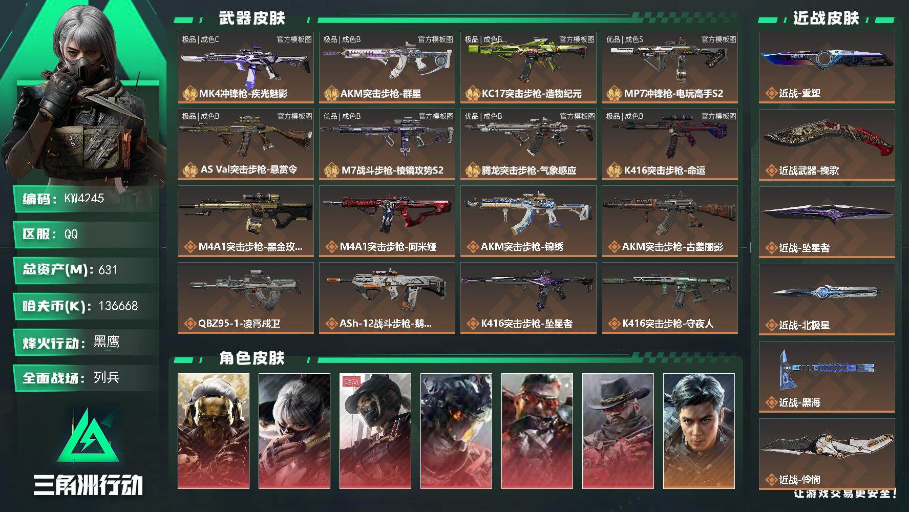 6红9刀 9款砖皮 小蓝莓km总资产-k哈夫币-60烽火等级-黑鹰-24战场等级-列兵
【干员外观】：红狼-蚀金玫瑰，骇爪-水墨云图，露娜-黑·天际线，威龙-凌霄戍卫，乌鲁鲁-狂怒，牧羊人-安魂，威龙-飞虎，蜂医-送葬人·无题密令，无名-夜鹰，深蓝-不破誓约，红狼-电锯惊魂，