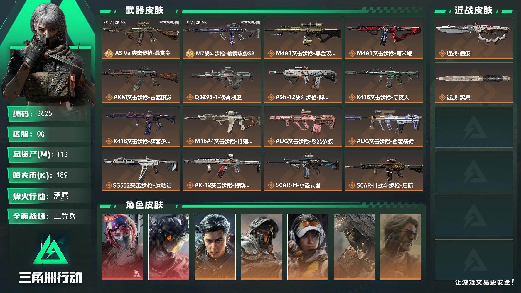 113m总资产-189k哈夫币-60烽火等级-黑鹰-50战场等级-上等兵
【干员外观】：蛊-能天使午夜邮差，威龙-凌霄戍卫，威龙-飞虎，深蓝-不破誓约，露娜-金牌射手，乌鲁鲁-荒原猎手，银翼-未结卷宗，露娜-劳拉·克劳馥，疾风-西部往事，无名-守夜人，蜂医-医生，骇爪-骇客少女
【近战皮肤】：近战-信条，近战-黑鹰
【典藏外观】：AS Val突击步枪-悬赏令，M7战斗步枪-棱镜攻势S2
【典藏