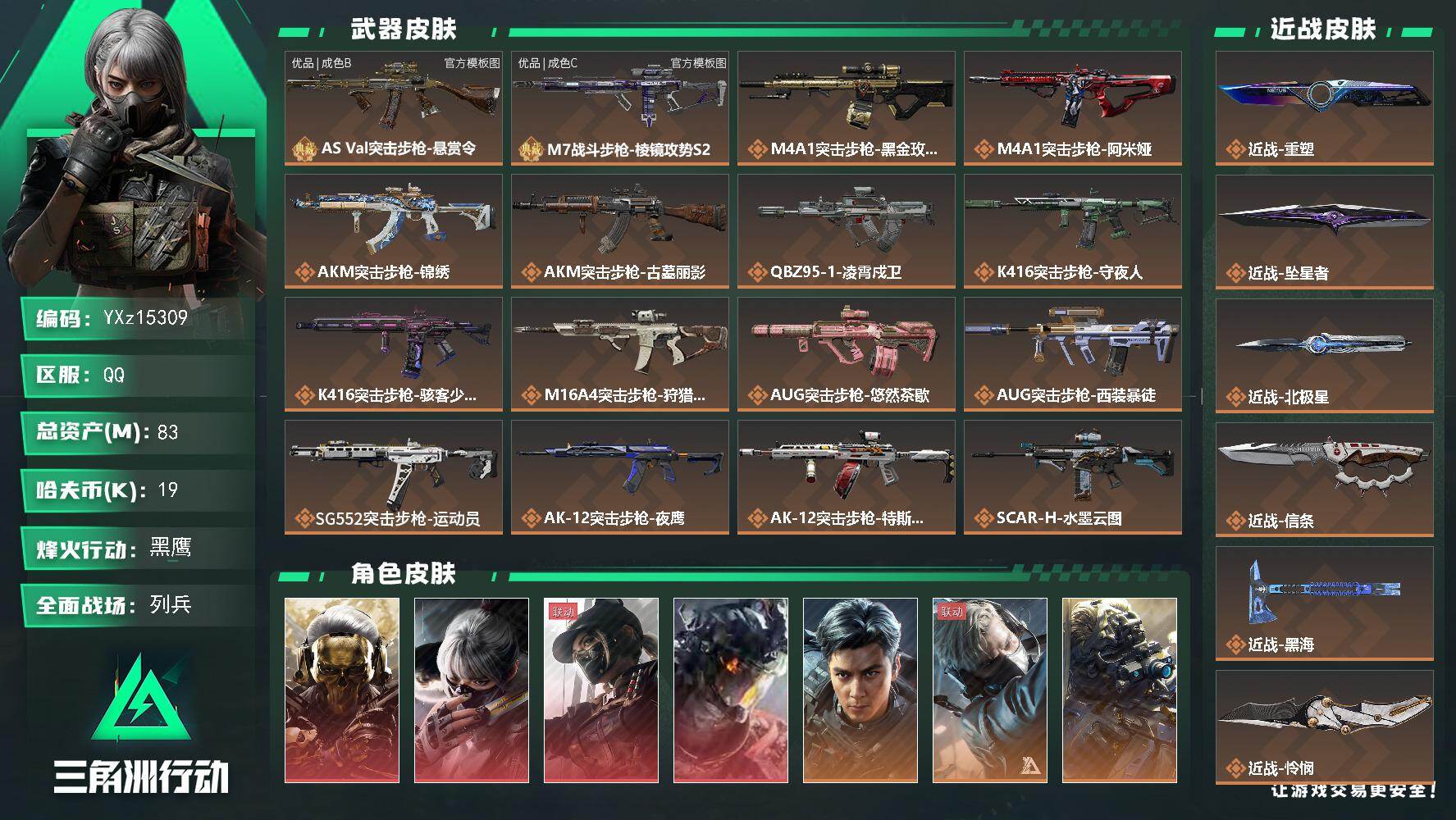 【可二次】【0封纯绿】【总资产83M+哈夫币2万+三角券1661】【满体满负】【4红皮12金皮6刀皮2砖皮】【红皮：蚀金玫瑰-黑天际线-凌霄戍卫-水墨云图】【稀有金皮：飞虎】【刀皮：怜悯-黑海-北极星-信条-坠星者-重塑】【M7战斗步枪-棱镜攻势S2-优品C-粉金】【AS Val突击步枪-悬赏令-优品B-木质-粉紫】【连体无畏手游-5650皮肤总价值】
【Q区三端互通】【可二次】YXz15309-特勤处：仓库9级/靶场7级/训练中心7级83m总资产-19k哈夫币-60烽火等级-黑鹰-39战场等级-列兵
【干员外观】：红狼-蚀金玫瑰，骇爪-水墨云图，露娜-黑·天际线，威龙-凌霄戍卫，威龙-飞虎，蜂医-送葬人·无题密令，无名-夜鹰，深蓝-不破誓约，红狼-电锯惊魂，露娜-金牌射手，乌鲁鲁-荒原猎手，银翼-未结卷宗，疾风-西部往事，无名-守夜人，蜂医-医生，骇爪-骇客少女
【近战皮肤】：近战-重塑，近战-坠星者，近战-北极星，近战-信条，近战-黑海，近战-怜悯，近战-黑鹰
【典藏外观】：AS Val突击步枪-悬赏令，M7战斗步枪-棱镜攻势S2
【典藏外观成色】：AS Val突击步枪-悬赏令(优品B)，M7战斗步枪-棱镜攻势S2(优品C)
【传说外观】：M4A1突击步枪-蚀金玫瑰，M4A1突击步枪-阿米娅，AKM突击步枪-锦绣，AKM突击步枪-古墓丽影，QBZ95-1突击步枪-凌霄戍卫，K416突击步枪-守夜人，K416突击步枪-骇客少女，M16A4突击步枪-狩猎时刻，AUG突击步枪-悠然茶歇，AUG突击步枪-西装暴徒，SG552突击步枪-运动员，AK-12突击步枪-夜鹰，AK-12突击步枪-特斯拉线圈，SCAR-H战斗步枪-水墨云图，SCAR-H战斗步枪-启航，G3战斗步枪-狩猎时刻，G3战斗步枪-骑士，CAR-15突击步枪-黑鹰坠落，CAR-15突击步枪-阿米娅，AS Val突击步枪-拾花，腾龙突击步枪-马年祥瑞，腾龙突击步枪-旷野牧歌，腾龙突击步枪-拾花，K437突击步枪-几何解构，K437突击步枪-墨冰，K437突击步枪-锦绣，K437突击步枪-重塑，MK47突击步枪-悠然茶歇，MP5冲锋枪-墨冰，P90冲锋枪-医生，Vector冲锋枪-狩猎时刻，UZI冲锋枪-特斯拉线圈，UZI冲锋枪-悠然茶歇，SMG-45冲锋枪-骑士，SMG-45冲锋枪-锦绣，SMG-45冲锋枪-拾花，SR-3M紧凑突击步枪-特斯拉线圈，勇士冲锋枪-能天使-午夜邮差，MP7冲锋枪-重塑，QCQ171冲锋枪-不羁人生，MK4冲锋枪-战术甲胄，M870霰弹枪-墨冰，725双管霰弹枪-送葬人-无题密令，M250通用机枪-骑士之心，M14射手步枪-蛮荒，M14射手步枪-缄花，SR-25射手步枪-缄花，SR-25射手步枪-墨冰，.357左轮-缄花，G18-飞虎，G18-马年祥瑞，复合弓-黑·天际线
【史诗外观】：AKM突击步枪-林中猎手，AKM突击步枪-星座纵横，QBZ95-1突击步枪-曙光，QBZ95-1突击步枪-战术甲胄，ASh-12战斗步枪-守夜人，ASh-12战斗步枪-无极限，ASh-12战斗步枪-少女判客，K416突击步枪-腊梅，K416突击步枪-阿萨拉特攻，M16A4突击步枪-竞赛选手，AUG突击步枪-蝮蛇，M7战斗步枪-百步穿杨，SG552突击步枪-尖端治疗，SG552突击步枪-深海恐惧，SG552突击步枪-哈夫克警备，SCAR-H战斗步枪-囚徒，SCAR-H战斗步枪-银河，G3战斗步枪-流沙送葬，G3战斗步枪-哈夫克警备，PTR-32突击步枪-藏宝图，AS Val突击步枪-尖端治疗，AS Val突击步枪-百步穿杨，AS Val突击步枪-战术甲胄，腾龙突击步枪-无垢，腾龙突击步枪-猎鳄行动，K437突击步枪-守护者，K437突击步枪-丛影谍踪，KC17突击步枪-旧日审判，MK47突击步枪-暗金属骑士，MP5冲锋枪-深海恐惧，MP5冲锋枪-战术竞备，MP5冲锋枪-竞技风，MP5冲锋枪-银河，P90冲锋枪-紧急戒备，P90冲锋枪-清算时刻，Vector冲锋枪-阿萨拉文明，Vector冲锋枪-猎鳄行动，Vector冲锋枪-百步穿杨，UZI冲锋枪-港口艺术家，SMG-45冲锋枪-阿萨拉特攻，SMG-45冲锋枪-少女判客，SR-3M紧凑突击步枪-荒野求生，SR-3M紧凑突击步枪-战术竞备，SR-3M紧凑突击步枪-开工大吉，SR-3M紧凑突击步枪-暗金属骑士，勇士冲锋枪-深海恐惧，勇士冲锋枪-工业狂潮，勇士冲锋枪-丛影谍踪，MP7冲锋枪-无垢，MP7冲锋枪-守护者，MP7冲锋枪-六套之力，MK4冲锋枪-旧日审判，MK4冲锋枪-战术甲胄，M1014霰弹枪-林中猎手，S12K霰弹枪-曙光，PKM通用机枪-蝮蛇，PKM通用机枪-守夜人，PKM通用机枪-荒野求生，PKM通用机枪-阿萨拉特攻，M249轻机枪-丛影谍踪，M249轻机枪-港口艺术家， M249轻机枪-星座纵横，M250通用机枪-囚徒，QJB201轻机枪-炽焰，QJB201轻机枪-旧日审判，Mini-14射手步枪-守护者，Mini-14射手步枪-少女判客，VSS射手步枪-丛影谍踪，SVD狙击步枪-阿萨拉工艺，SVD狙击步枪-荒野求生，M14射手步枪-工业狂潮， M14射手步枪-猛攻，SR-25射手步枪-尖端治疗，SR-25射手步枪-暗金属骑士，PSG-1射手步枪-无垢，PSG-1射手步枪-港口艺术家，杠杆式步枪-清算时刻，杠杆式步枪-银河，SV-98狙击步枪-林中猎手，SV-98狙击步枪-囚徒，SV-98狙击步枪-猎鳄行动，SV-98狙击步枪-清算时刻，M700狙击步枪-竞技风，M700狙击步枪-蝮蛇，M700狙击步枪-守夜人，M700狙击步枪-百步穿杨，M700狙击步枪-哈夫克警备，M700狙击步枪-星座纵横，AWM狙击步枪-无极限，AWM狙击步枪-流沙送葬，沙漠之鹰-曙光，复合弓-守护者
【稀有外观】：UZI冲锋枪-旧梦，沙漠之鹰-剑兰，M4A1突击步枪-繁盛，AKM突击步枪-浅鲨小队，AKM突击步枪-战术演练，AKM突击步枪-肃杀，AKM突击步枪-铁血战魂，QBZ95-1突击步枪-公平竞技，ASh-12战斗步枪-星链科技，ASh-12战斗步枪-哈夫克航天，ASh-12战斗步枪-繁盛，K416突击步枪-酷炫狂拽，K416突击步枪-黑骑士，K416突击步枪-虎啸，K416突击步枪-一帆风顺，M16A4突击步枪-远航，M7战斗步枪-精英联盟，M7战斗步枪-捣蛋鬼，SG552突击步枪-2026，SG552突击步枪-马年新春，SG552突击步枪-贴花艺术， AK-12突击步枪-马年新春，AK-12突击步枪-运动会，SCAR-H战斗步枪-童趣，SCAR-H战斗步枪-远航，SCAR-H战斗步枪-荣耀列队，SCAR-H战斗步枪-黄昏，SCAR-H战斗步枪-猛攻，G3战斗步枪-战术演练，G3战斗步枪-主宰*2，PTR-32突击步枪-天网，PTR-32突击步枪-清洁能源，CAR-15突击步枪-前沿科技，CAR-15突击步枪-来财，腾龙突击步枪-雪崩，腾龙突击步枪-冰天雪地，KC17突击步枪-来财，MK47突击步枪-精英联盟，MK47突击步枪-执法武装，MCX LT突击步枪-运动会，MP5冲锋枪-弄臣，MP5冲锋枪-虎啸，MP5冲锋枪-哈夫克卫队，P90冲锋枪-浅鲨小队，P90冲锋枪-新生，P90冲锋枪-黄昏，P90冲锋枪-执法武装，Vector冲锋枪-先锋，Vector冲锋枪-行动开启，UZI冲锋枪-亚特兰蒂斯，野牛冲锋枪-新生，SMG-45冲锋枪-行动开启，SMG-45冲锋枪-幻影结构，SMG-45冲锋枪-天网，SR-3M紧凑突击步枪-雪崩，SR-3M紧凑突击步枪-马年新春，勇士冲锋枪-亚特兰蒂斯，勇士冲锋枪-主宰，勇士冲锋枪-冰天雪地，MP7冲锋枪-幻影结构，M1014霰弹枪-幻影结构，M1014霰弹枪-童趣，S12K霰弹枪-战术演练，M870霰弹枪-执法武装，M249轻机枪-冰天雪地，M250通用机枪-虎啸，M250通用机枪-天网，QJB201轻机枪-远航，QJB201轻机枪-黄昏，QJB201轻机枪-哈夫克卫队，QJB201轻机枪-猛攻，QJB201轻机枪-动力机能，Mini-14射手步枪-荣耀列队，Mini-14射手步枪-来财，VSS射手步枪-动力机能，SKS射手步枪-弄臣，SKS射手步枪-雪崩，SR-25射手步枪-开拓，SR-9射手步枪-街头涂鸦，PSG-1射手步枪-主宰，Marlin杠杆步枪-猛攻，杠杆式步枪-运动会，SV-98狙击步枪-星链科技，SV-98狙击步枪-哈夫克航天，SV-98狙击步枪-精英联盟，SV-98狙击步枪-清洁能源，R93狙击步枪-远航，QSZ92G-一帆风顺，G18-星链科技，G18-哈夫克航天，G18-战术练习
【普通外观】：Mini-14射手步枪-黄铜，M1014霰弹枪-旧工业，MP5冲锋枪-古铜，M249轻机枪-彩墨涂鸦，QBZ95-1突击步枪-生存玩家，SR9射手步枪-生存玩家，G18-幻夜，MP5冲锋枪-幻夜，PTR-32突击步枪-幻夜，SMG-45冲锋枪-夜穹*3，M4A1突击步枪-粉色涂装，M4A1突击步枪-高雅黑，M4A1突击步枪-海色，AKM突击步枪-彩墨喷涂，QBZ95-1突击步枪-高雅黑，QBZ95-1突击步枪-海浪，QBZ95-1突击步枪-三角洲力量，QBZ95-1突击步枪-海色，QBZ95-1突击步枪-2026，腾龙突击步枪-三角洲力量，腾龙突击步枪-彩墨喷涂，K416突击步枪-几何迷彩，K416突击步枪-高雅黑，K416突击步枪-重击，K416突击步枪-安全工作，M16A4突击步枪-三角洲力量，M16A4突击步枪-山林猎人，M16A4突击步枪-高雅黑，M16A4突击步枪-玲珑，AUG突击步枪-浅蓝涂装，AUG突击步枪-落花，AUG突击步枪-假日海滩，M7战斗步枪-红色涂装，M7战斗步枪-落花，M7战斗步枪-重击，M7战斗步枪-黑巧甜心，SG552突击步枪-三角洲力量，SG552突击步枪-浅蓝涂装，SG552突击步枪-海浪，SG552突击步枪-彩墨喷涂，SG552突击步枪-狂欢，AK-12突击步枪-坚固材料，AK-12突击步枪-落花，AK-12突击步枪-变色龙，AK-12突击步枪-玲珑，SCAR-H战斗步枪-数码迷彩，SCAR-H战斗步枪-电路图，SCAR-H战斗步枪-几何狂想，G3战斗步枪-高雅黑，G3战斗步枪-山林猎人，PTR-32突击步枪-坚固材料，PTR-32突击步枪-黄蜂，PTR-32突击步枪-条纹，PTR-32突击步枪-典雅，CAR-15突击步枪-电路图，CAR-15突击步枪-变色龙，CAR-15突击步枪-狂欢，AS Val突击步枪-黑巧甜心，K437突击步枪-磐石，AKS-74U突击步枪-磐石，AKS-74U突击步枪-几何狂想，KC17突击步枪-几何狂想，MP5冲锋枪-海色，MP5冲锋枪-黄蜂，MP5冲锋枪-典雅，MP5冲锋枪-几何狂想，P90冲锋枪-落花，P90冲锋枪-电路图，P90冲锋枪-黑巧甜心，Vector冲锋枪-几何迷彩，UZI冲锋枪-海色，UZI冲锋枪-山林猎人，UZI冲锋枪-重击，UZI冲锋枪-狂欢，野牛冲锋枪-彩墨喷涂，野牛冲锋枪-高雅黑，SMG-45冲锋枪-海浪，SMG-45冲锋枪-条纹，SR-3M紧凑突击步枪-变色龙，SR-3M紧凑突击步枪-玲珑，勇士冲锋枪-坚固材料，勇士冲锋枪-磐石，勇士冲锋枪-假日海滩，M1014霰弹枪-高雅黑，M1014霰弹枪-海浪，M1014霰弹枪-变色龙，M1014霰弹枪-重击，725双管霰弹枪-条纹，杠杆式步枪-出货，PKM通用机枪-彩墨喷涂，PKM通用机枪-变色龙，M249轻机枪-黄蜂，M250通用机枪-条纹，QJB201轻机枪-山林猎人，QJB201轻机枪-磐石，QJB201轻机枪-典雅，QJB201轻机枪-玲珑，Mini-14射手步枪-山林猎人，Mini-14射手步枪-玲珑，VSS射手步枪-几何狂想，VSS射手步枪-假日海滩，SVD狙击步枪-高雅黑，SVD狙击步枪-电路图，SVD
