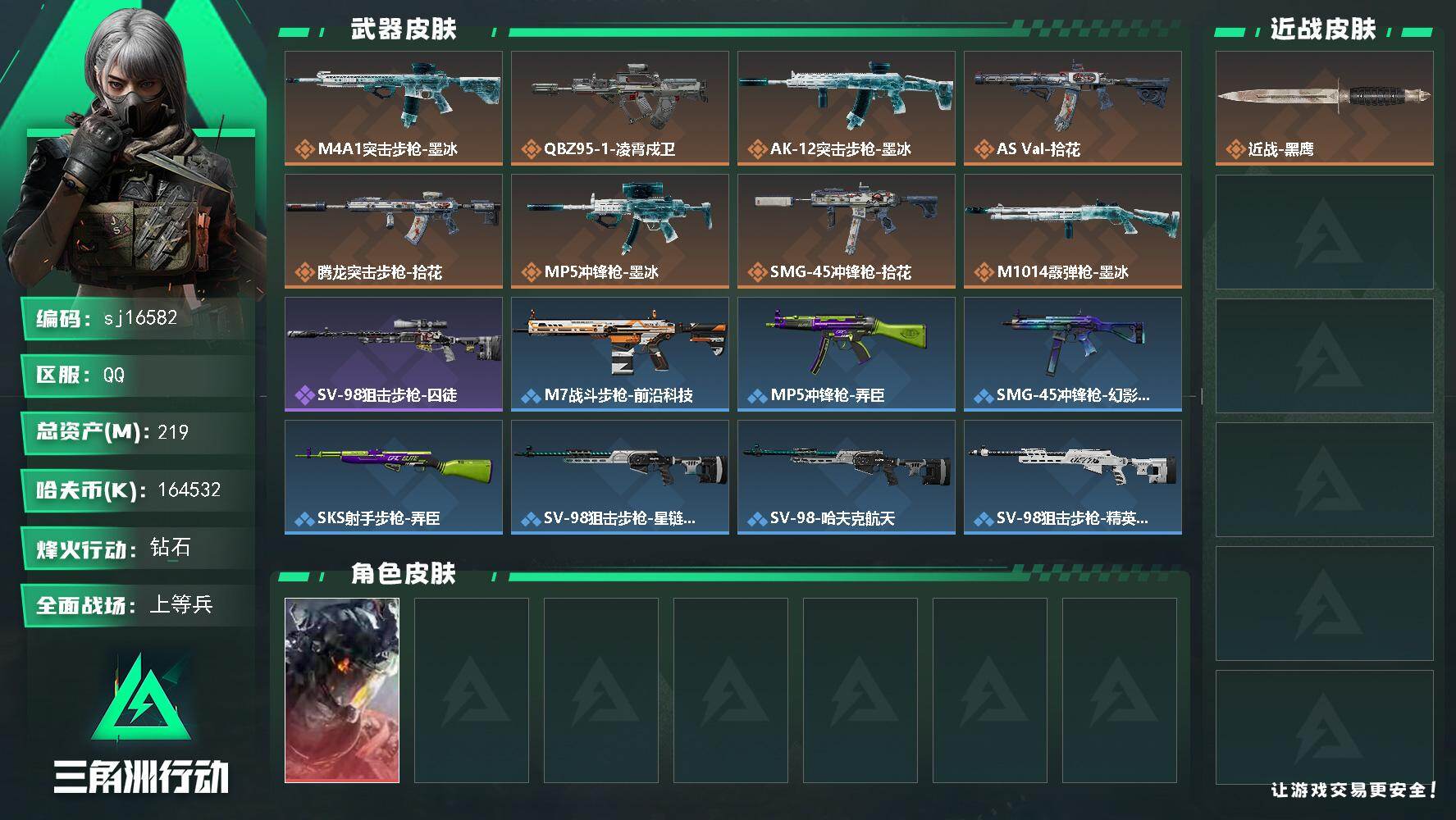 三角洲行动账号QQ总资产219M/哈夫币16453万/干员外观数1/传说枪皮数8/战场等级15/行动等级60/安全箱等
