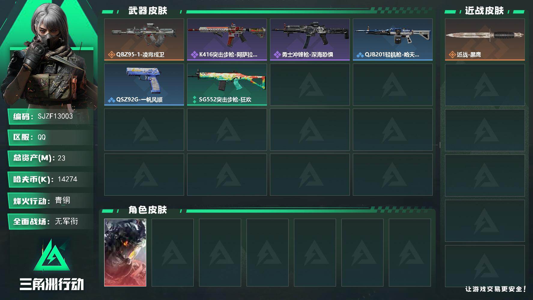 三角洲行动账号QQ【SJZF13003】总资产23M/哈夫币1427万/干员外观数1/传说枪皮数1/战场等级1/行动等级19/安全箱等时效性道具以游戏内数据为准，详情请看图/蚀金玫瑰/凌霄戍卫/挂饰-洲小礼-牧羊人/