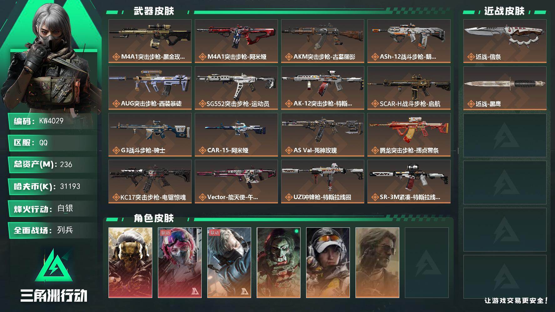 三角洲行动账号QQ【KW4029】总资产236M/哈夫币3119万/传说近战数1/干员外观数6/传说枪皮数24/战场等级40/行动等级60/安全箱等时效性道具以游戏内数据为准，详情请看图/阿萨拉机枪兵/阿萨拉喷火兵/
