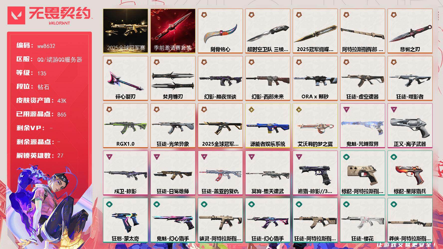 LV等级135/皮肤总价值43920/段位钻石/总皮肤数量62/刀皮数量7/枪皮数量55/套装数量2/具体详情请看图/追猎-掠影//3.0/蜂刺-甜心猎手/幻棱/炼狱/维斯/暮蝶/壹决/铁臂/捷风/雷兹/幽影/不死鸟/贤者/猎枭/蝰蛇/零/芮娜/奇乐/尚勃勒/霓虹/斯凯/夜露/K/O/海神/盖可/黑梦/钢锁/禁灭/迷核/骇灵-阿特拉斯指挥部/獠犬-诛心猎手/獠犬-悠闲猫生/判官-太空穿梭/幻影