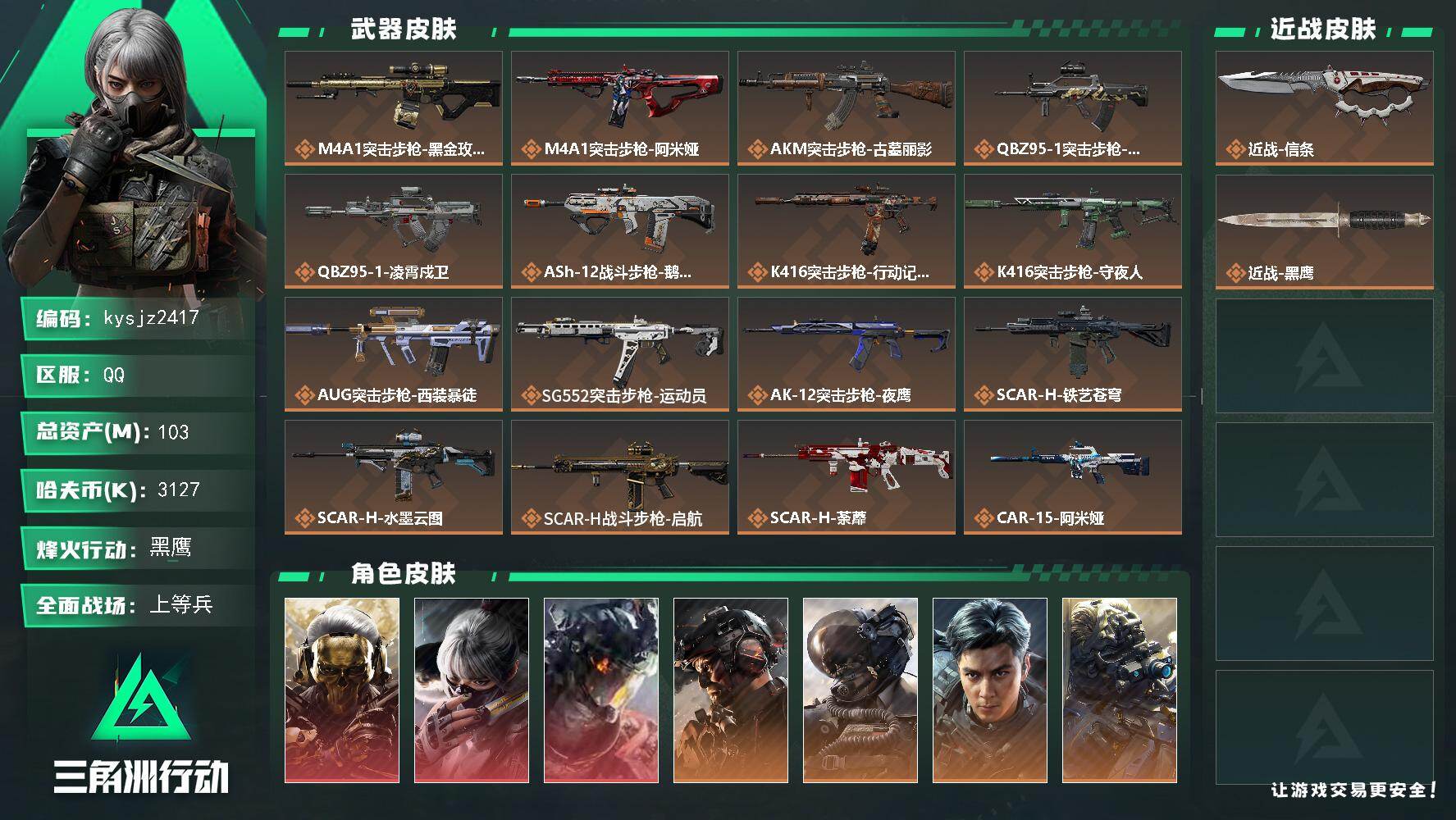 三角洲行动账号QQ103m总资产-3127k哈夫币-60烽火等级-黑鹰-50战场等级-上等兵
【干员外观】：红狼-蚀金