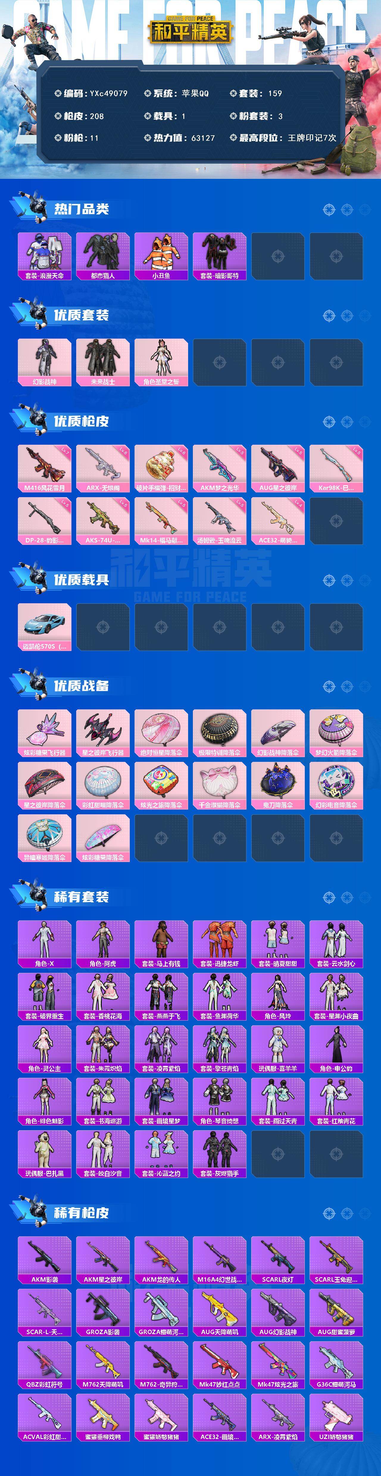 PX_2982189-4风花 都市 小丑鱼】YXc49079-【无二次协助处理】【因赛季更新游戏段付以上号为准!】 苹果Q-2稀有1载具3粉装11特效枪14热门159套装208枪皮 7印记 历史绝世王牌21星 【2稀有】 都市猎人 浪漫天命 【1载具】 迈凯伦570S天际蓝 【3粉装】 圣堂之誓 幻影战神 未来战士 【11特效枪】 汤姆逊-玉魄流云 (5级) AKS-74U-森