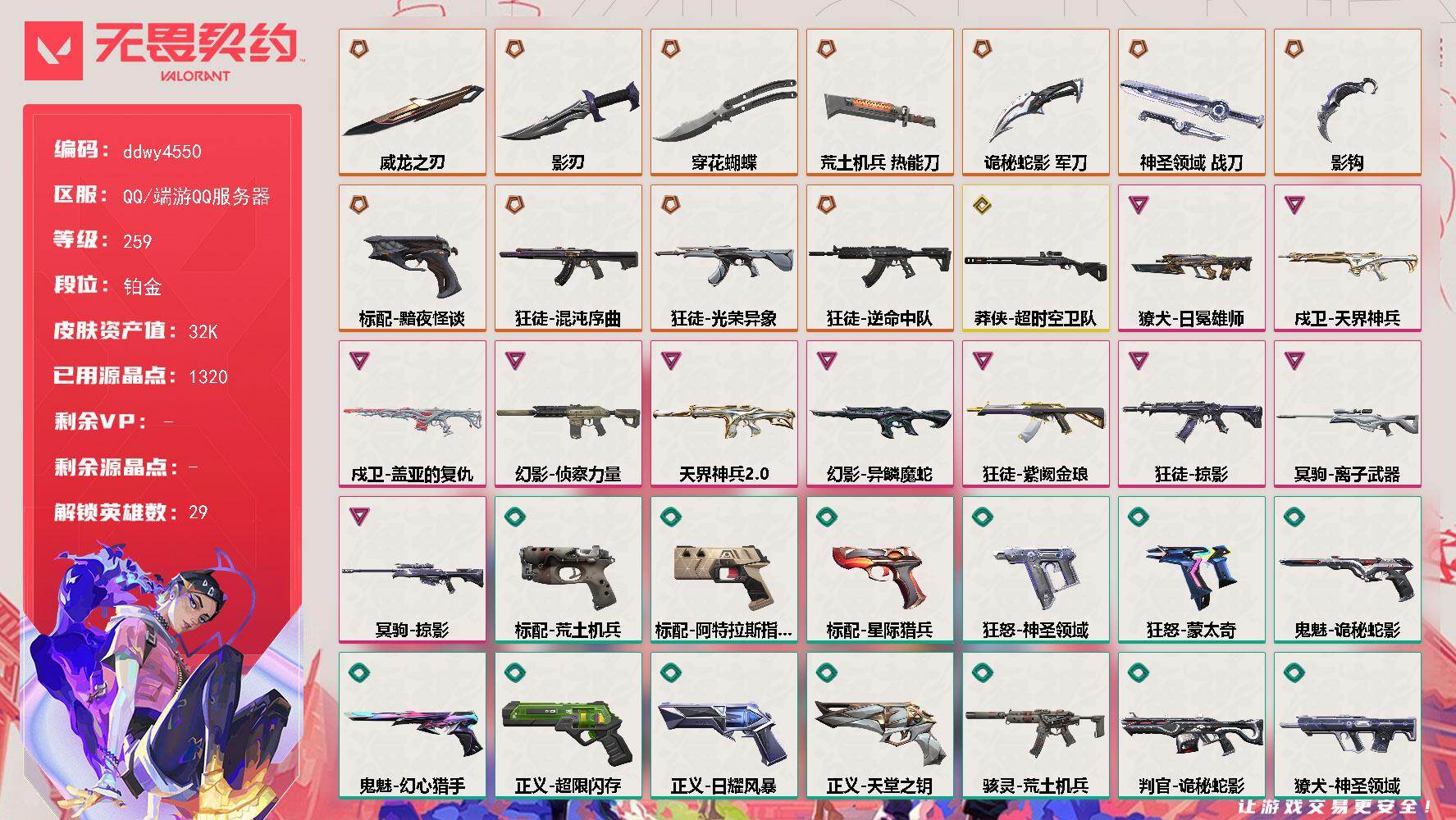 【ddwy4550】LV等级259/皮肤总价值32570/段位铂金/总皮肤数量67/刀皮数量7/枪皮数量60/具体详情请看图/蜂刺-星云暗涌/蜂刺-折光棱晶/幻棱/炼狱/维斯/暮蝶/钛狐/壹决/铁臂/捷风/雷兹/幽影/不死鸟/贤者/猎枭/蝰蛇/零/芮娜/奇乐/尚勃勒/霓虹/斯凯/夜露/星礈/K/O/海神/盖可/黑梦/钢锁/禁灭/迷核/雄鹿-逆冲蛮牛/雄鹿-月球哨兵/骇灵-荒土机兵/骇灵-星云暗