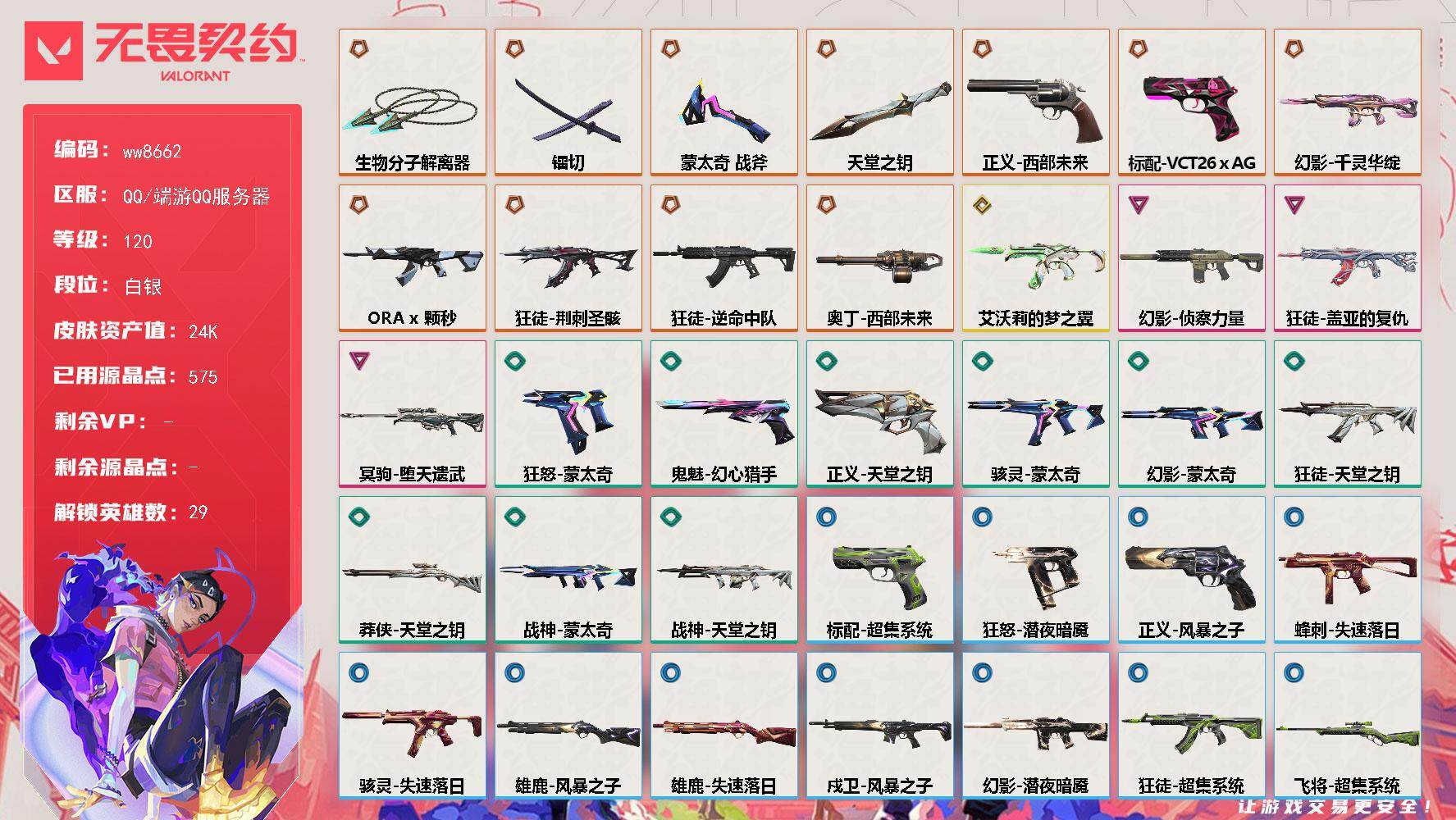 LV等级120/皮肤总价值24550/段位白银/总皮肤数量41/刀皮数量4/枪皮数量37/具体详情请看图/追猎-失速落日/蜂刺-失速落日/幻棱/炼狱/维斯/暮蝶/钛狐/壹决/铁臂/捷风/雷兹/幽影/不死鸟/贤者/猎枭/蝰蛇/零/芮娜/奇乐/尚勃勒/霓虹/斯凯/夜露/星礈/K/O/海神/盖可/黑梦/钢锁/禁灭/迷核/雄鹿-风暴之子/雄鹿-失速落日/骇灵-艾沃莉的梦之翼/骇灵-蒙太奇/骇灵-失速落