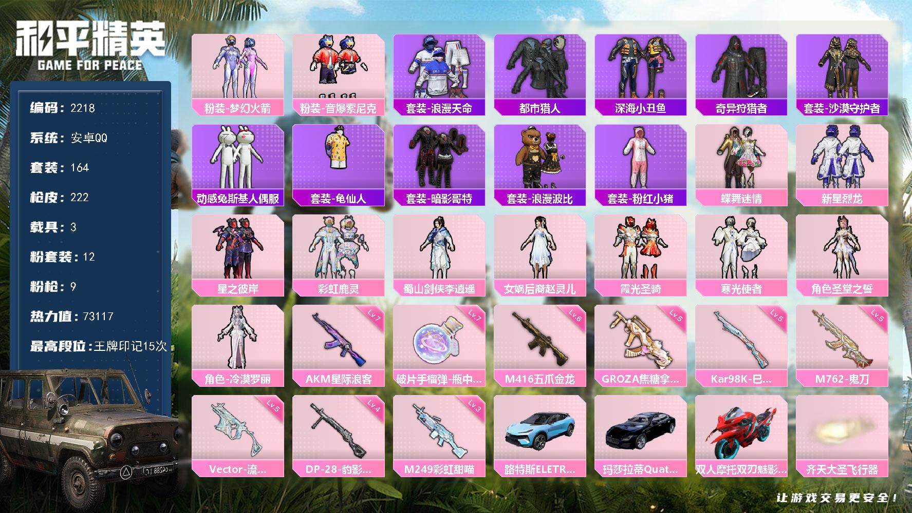 【2218】164套装/枪械9/装备245/载具3/战备145/王牌印记15/热力值73117/梦幻火箭背包(3级)/梦幻火箭背包(1级)/幻影战神背包(3级)/幻影战神背包(1级)/深海小丑鱼背包(3级)/深海小丑鱼背包(2级)/甜蜜誓约背包(2级)/甜蜜誓约背包(1级)/梦幻火箭头盔(3级)/梦