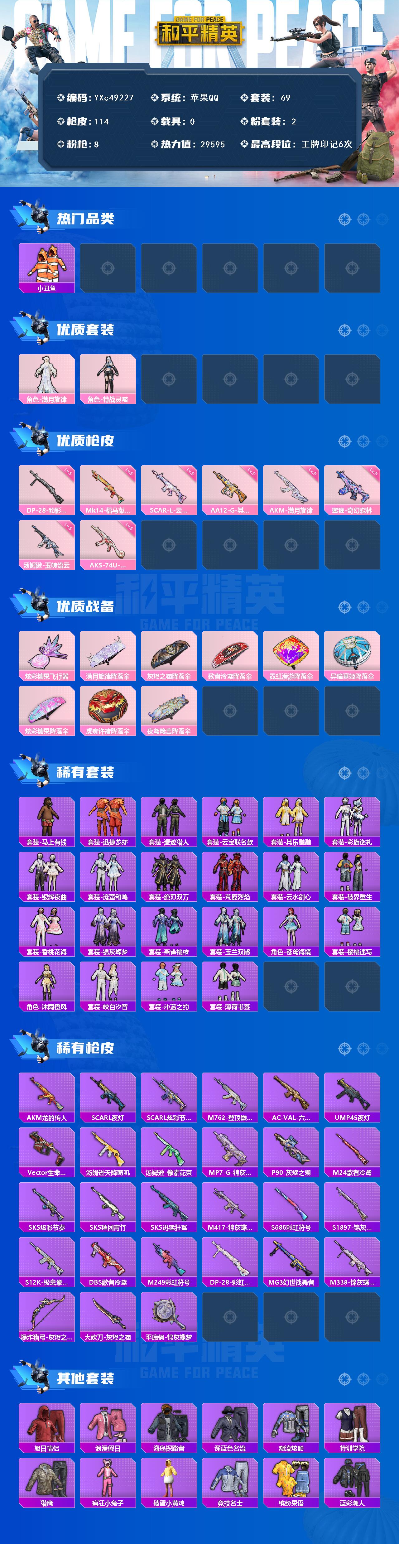 PX_2986076-??转区】YXc49227-【无二次协助处理】【因赛季更新游戏段付以上号为准!】 苹果Q-2粉装8特效枪6热门69套装114枪皮 6印记 历史卓越王牌17星 【2粉装】 特战灵喵 满月旋律 【8特效枪】 AKM-满月旋律 (5级) AKS-74U-琉璃赤心 (5级) 汤姆逊-玉魄流云 (5级) DP-28-豹影疾电 (5级) AA12-G-其乐融融 (5级