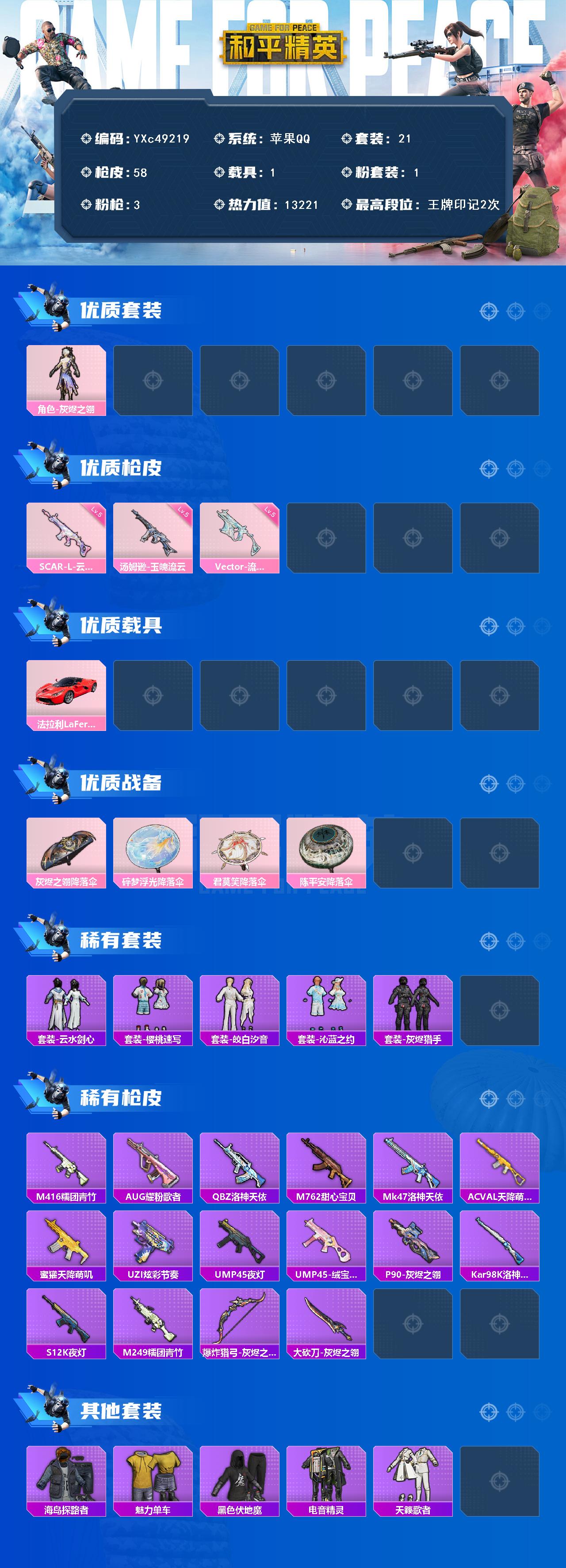 PX_2985949-??法拉利】YXc49219-【无二次协助处理】【因赛季更新游戏段付以上号为准!】 苹果Q-1载具1粉装3特效枪21套装58枪皮 2印记 历史绝世王牌18星 【1载具】 法拉利LaFerrari(赛车红) 【1粉装】 灰烬之翎 【3特效枪】 汤姆逊-玉魄流云 (5级) SCAR-L-云端童话 (5级) Vector-流风之羽 (5级)