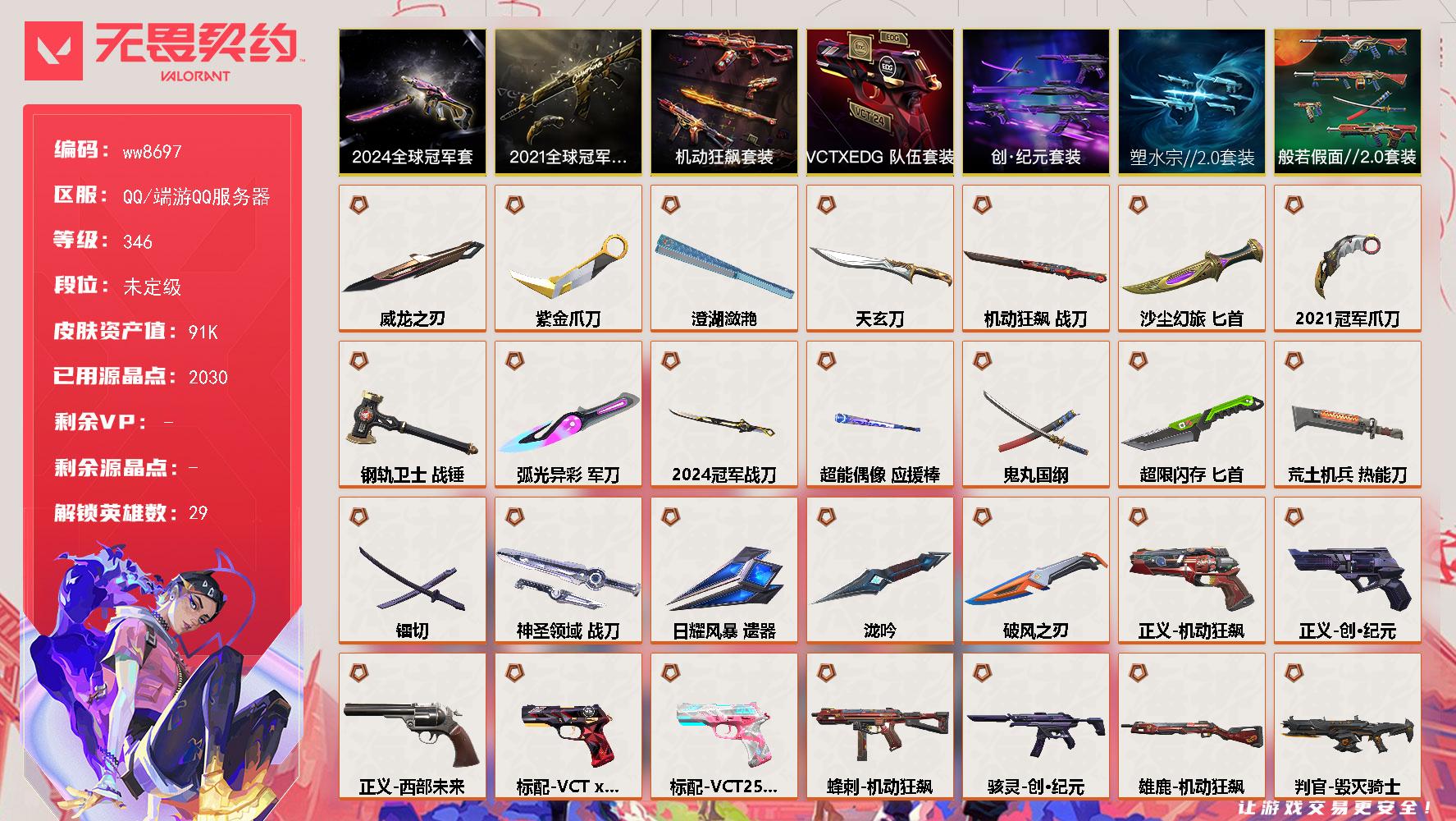 LV等级346/皮肤总价值91800/段位未定级/总皮肤数量186/刀皮数量19/枪皮数量167/套装数量7/具体详情请看图/追猎灵魂迸发/蜂刺机动狂飙/蜂刺超限闪存/蜂刺弧光异彩/蜂刺破风者/蜂刺胡桃狂想/蜂刺聚合之力/蜂刺战术小伙伴/蜂刺星云暗涌/炼狱/维斯/暮蝶/壹决/铁臂/捷风/雷兹/幽影/不死鸟/贤者/猎枭/蝰蛇/零/芮娜/奇乐/尚勃勒/霓虹/斯凯/夜露/星礈/K/O/海神/盖可/黑
