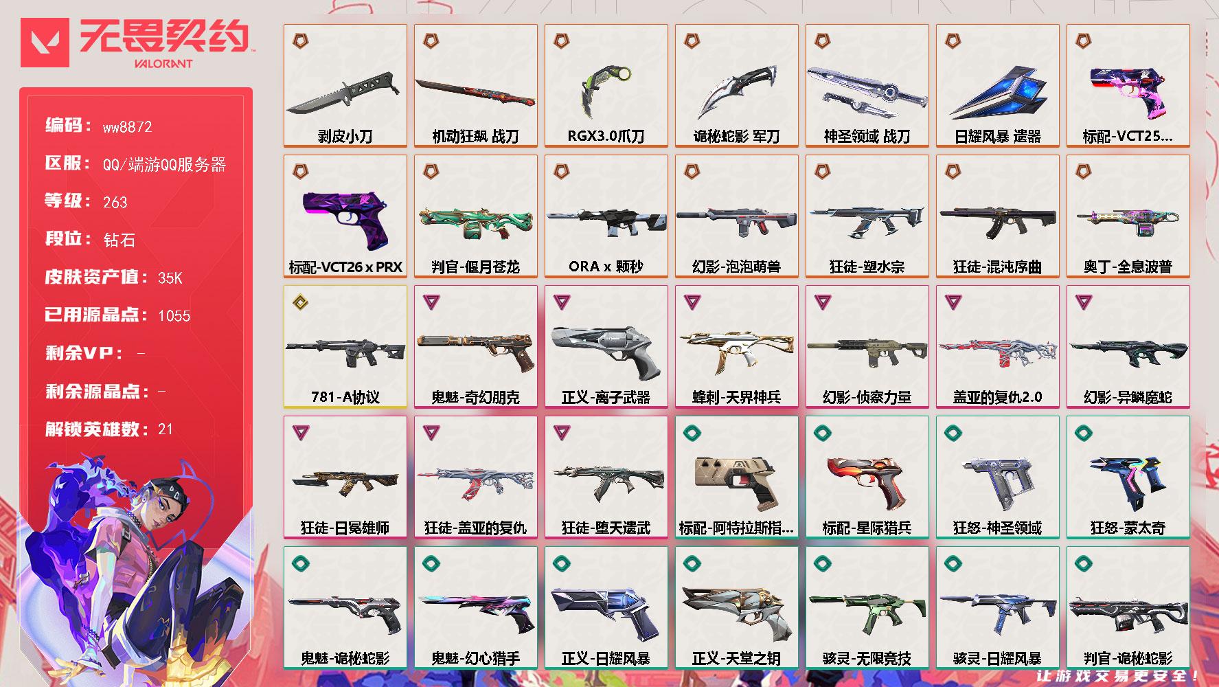 LV等级263/皮肤总价值35360/段位钻石/总皮肤数量70/刀皮数量6/枪皮数量64/具体详情请看图/追猎灵魂迸发/蜂刺天界神兵/蜂刺星云暗涌/蜂刺折光棱晶/炼狱/维斯/暮蝶/壹决/捷风/雷兹/幽影/不死鸟/贤者/猎枭/蝰蛇/零/芮娜/奇乐/霓虹/夜露/黑梦/钢锁/幻棱/禁灭/迷核/雄鹿月球哨兵/雄鹿幻语魔咒/骇灵无限竞技/骇灵日耀风暴/骇灵星云暗涌/獠犬神圣领域/獠犬幻语魔咒/判官偃月苍