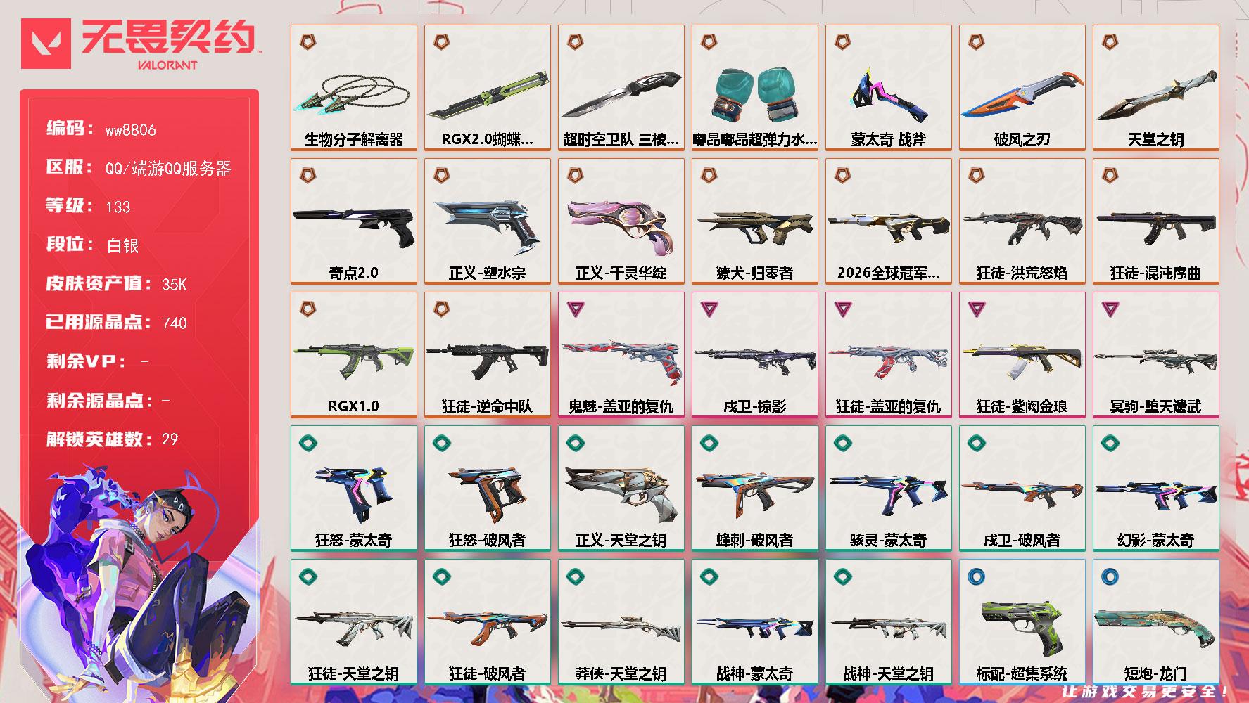 LV等级133/皮肤总价值35080/段位白银/总皮肤数量69/刀皮数量7/枪皮数量62/具体详情请看图/追猎失速落日/追猎灵魂迸发/蜂刺破风者/蜂刺失速落日/炼狱/维斯/暮蝶/壹决/铁臂/捷风/雷兹/幽影/不死鸟/贤者/猎枭/蝰蛇/零/芮娜/奇乐/尚勃勒/霓虹/斯凯/夜露/星礈/K/O/海神/盖可/黑梦/钢锁/钛狐/幻棱/禁灭/迷核/雄鹿风暴之子/雄鹿失速落日/骇灵蒙太奇/骇灵灵魂迸发/骇灵