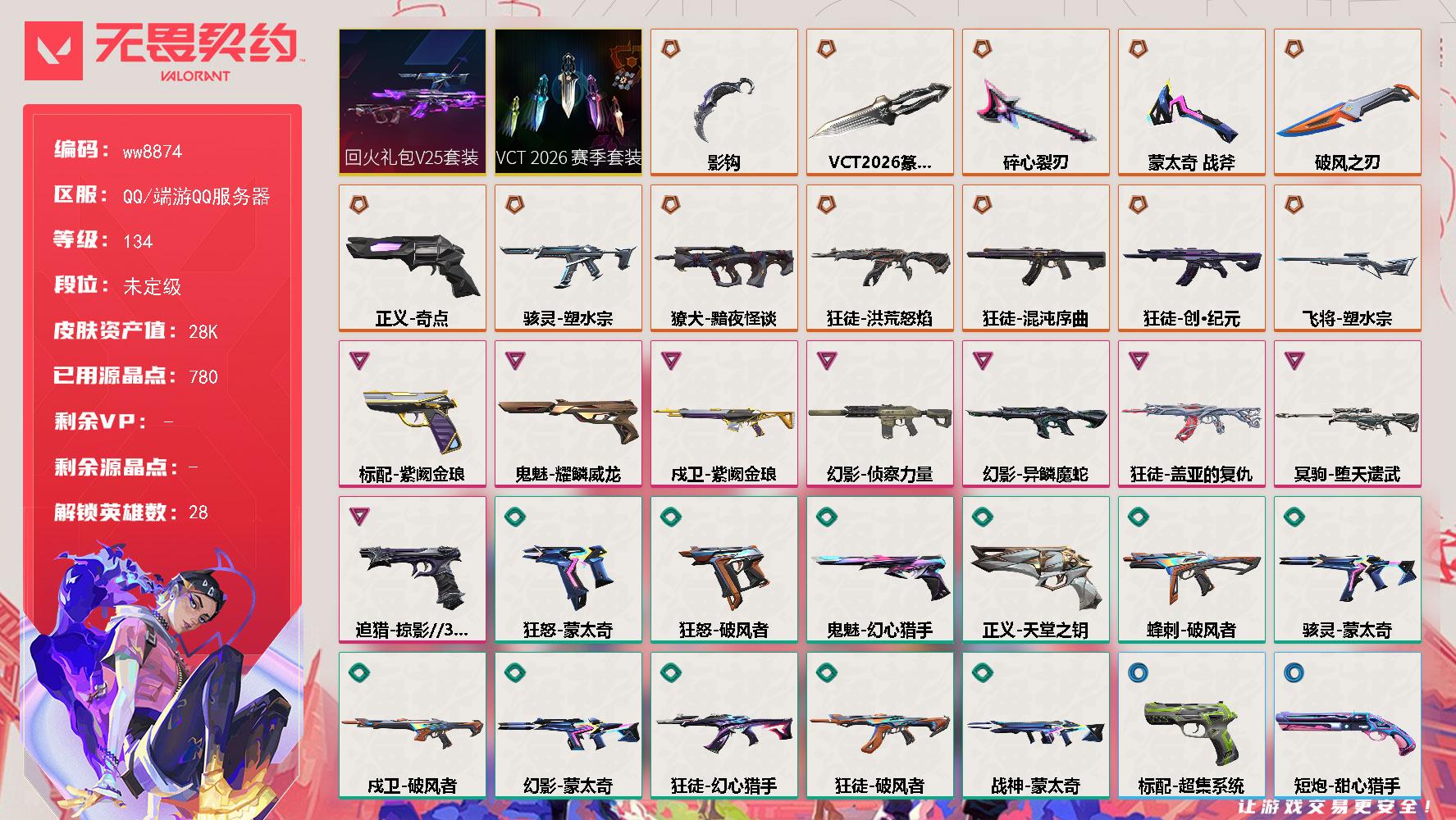 LV等级134/皮肤总价值28710/段位未定级/总皮肤数量59/刀皮数量5/枪皮数量54/套装数量2/具体详情请看图/追猎掠影//3.0/追猎灵魂迸发/蜂刺破风者/蜂刺甜心猎手/炼狱/维斯/暮蝶/壹决/铁臂/捷风/雷兹/幽影/不死鸟/贤者/猎枭/蝰蛇/零/芮娜/奇乐/尚勃勒/霓虹/斯凯/夜露/K/O/海神/盖可/黑梦/钢锁/钛狐/幻棱/禁灭/迷核/雄鹿风暴之子/骇灵塑水宗/骇灵蒙太奇/骇灵灵