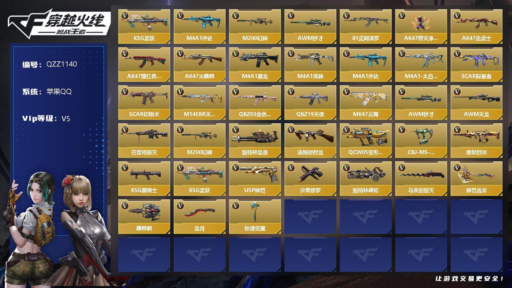 枪战王者账号苹果QQ【QZZ1140】VIP5/83V/KSG-孟获/M4 仲达/M200 幻神/AWM 妙才/81式-阿波罗/葵/AK47-猩红传说/AK47-火麒麟/AK47-燎天净火/AK47-血武士/M4A1-