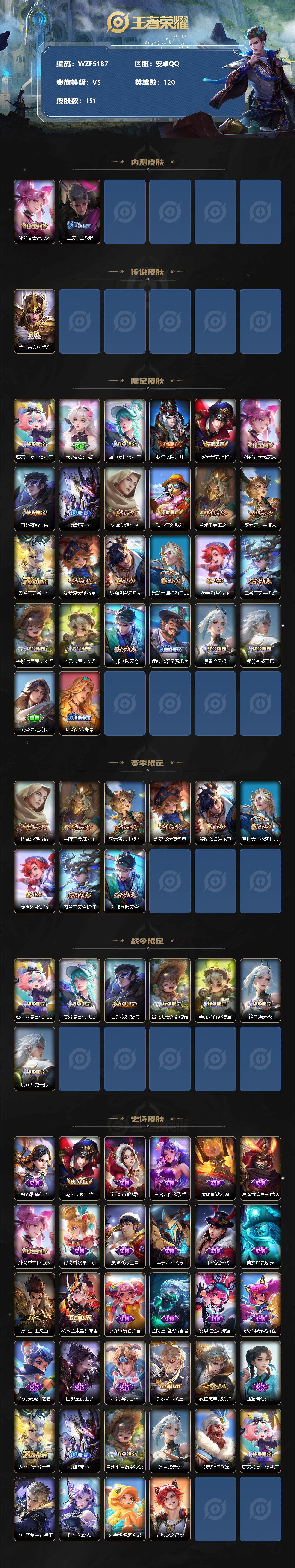 【WZF5187】贵族5/皮肤151/传说1/史诗34/英雄120/孙尚香_蔷薇恋人/狂铁_特工战影/后羿_黄金射手座/蔡文姬_夏日便利店/大乔_绒语心约/虞姬_夏日便利店/狄仁杰_阴阳师/赵云_皇