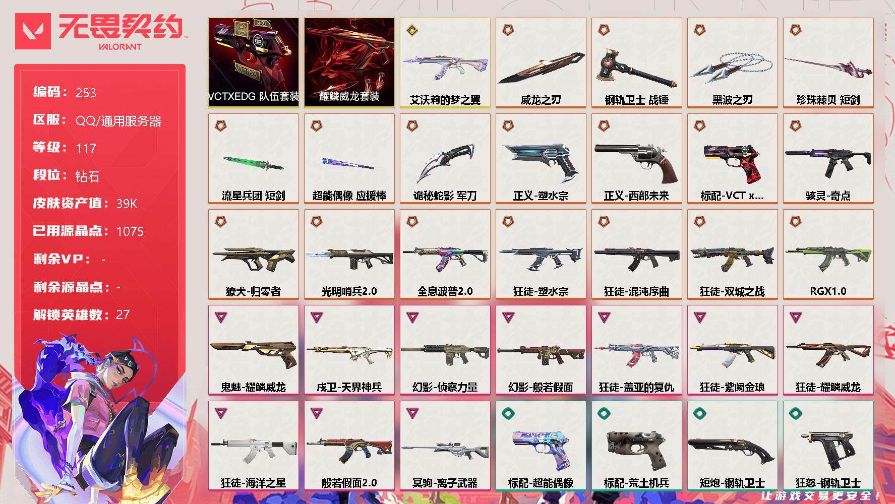 无畏契约账号QQ【套装】:VCTxEDG 队伍套装,耀鳞威龙套装
【英雄】:幻棱,炼狱,维斯,暮蝶,钛狐,壹决,铁臂,捷风,雷兹,幽影,不死鸟,贤者,猎枭,蝰蛇,零,芮娜,奇乐,尚勃勒,霓虹,斯凯,