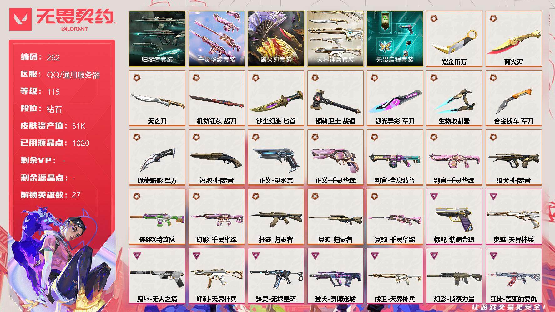 无畏契约账号QQ[8085172]【套装】：离火刃套装，离火刃套装，千灵华绽套装，归零者套装，天界神兵套装，无畏启程套装
【英雄】：幻棱，炼狱，维斯，暮蝶，钛狐，壹决，铁臂，捷风，雷兹，幽影，不死鸟，贤者，猎枭，蝰蛇