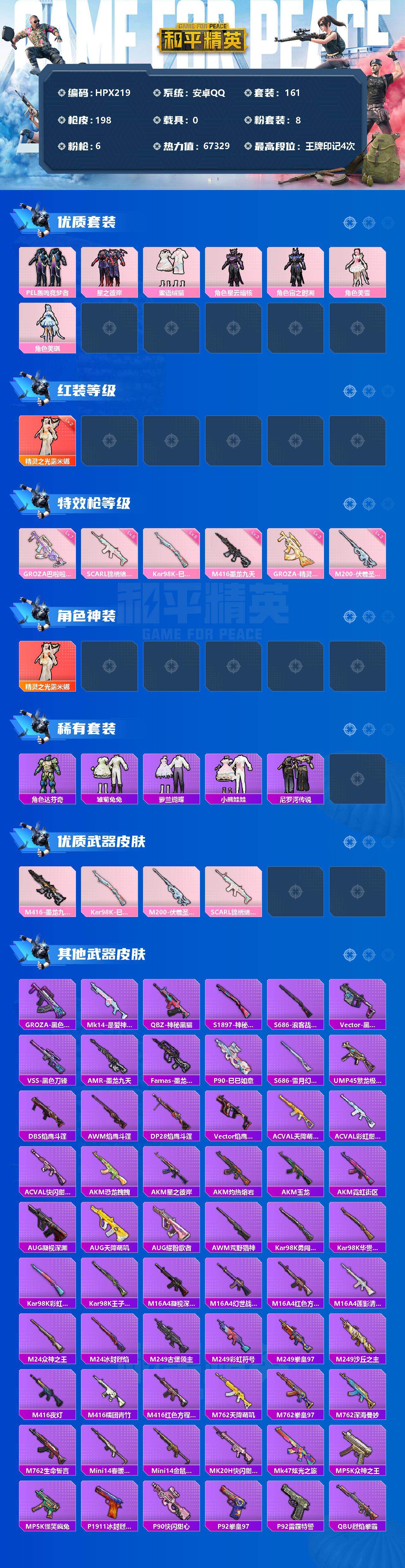 【HPX219】161套装/枪械6/装备287/战备129/王牌印记4/热力值67329/五级SCAR-L-锦绣绵绵/三级M416-墨龙九天/七级GROZA-巴啦啦小魔仙/三级GROZA-精灵之光/