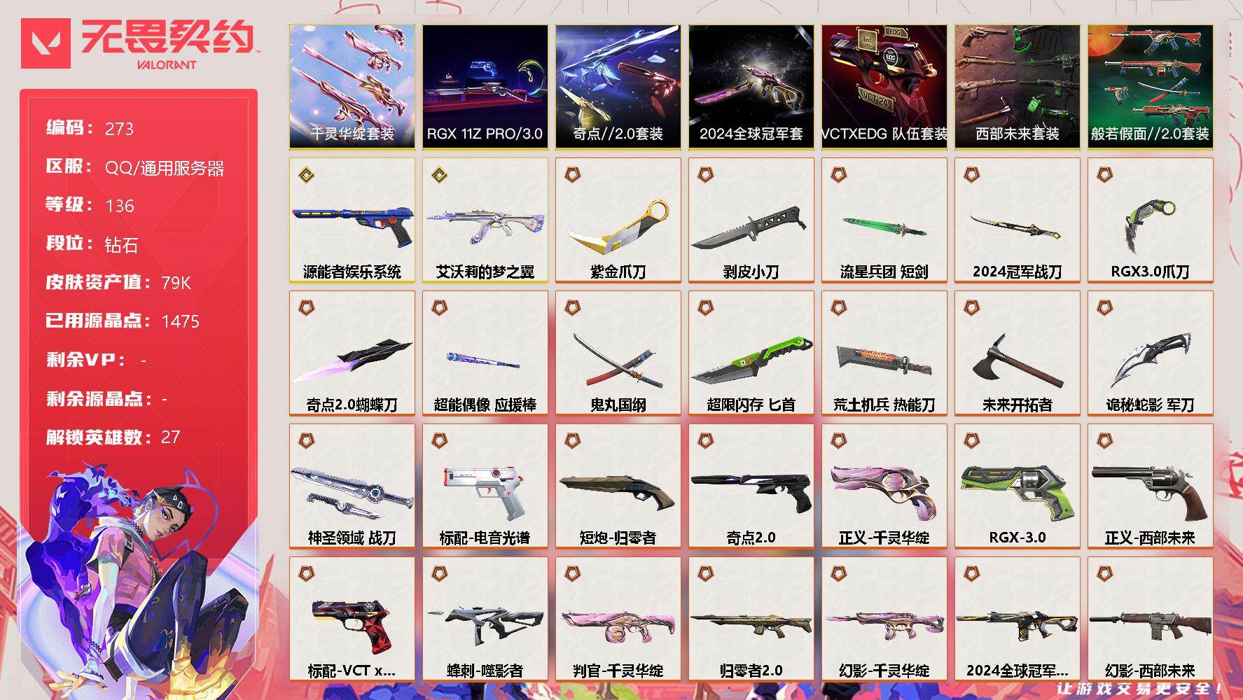 无畏契约账号QQ【套装】:2024全球冠军赛套装,RGX 11z Pro//3.0套装,西部未来套装,千灵华绽套装,奇点//2.0套装,VCTxEDG 队伍套装,般若假面//2.0套装
【英雄】:幻