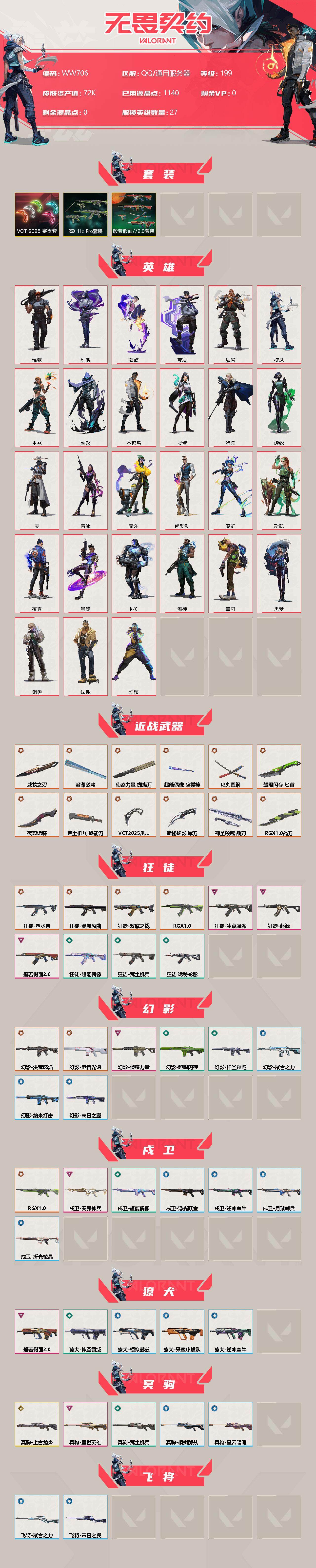 【WW706】终极*27/传奇*1/卓越*19/皮肤*119/等级*199/段位:黄金/VCT 2025 赛季套装/RGX 11z Pro套装/般若假面//2.0套装/幻棱/炼狱/维斯/暮蝶/钛狐/