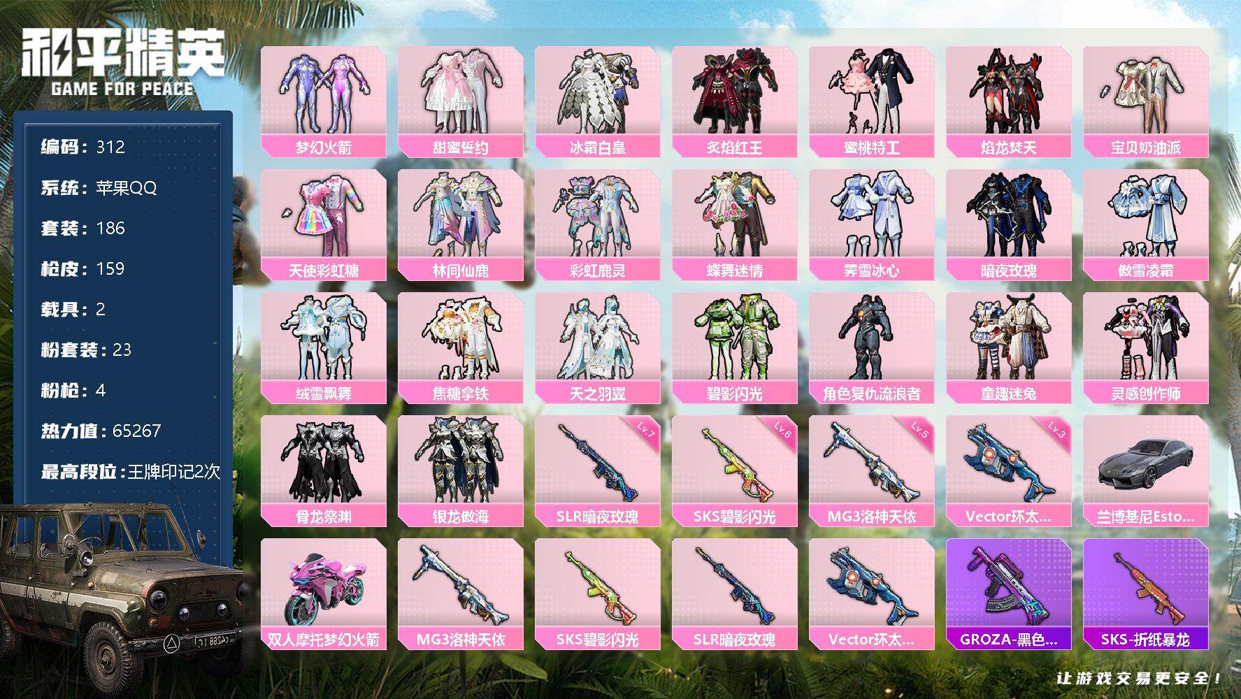 和平精英账号苹果QQ【商品标题】：苹果 手Q-23粉装-4特效枪-2载具-65267热力值-2印记-186套装-159枪