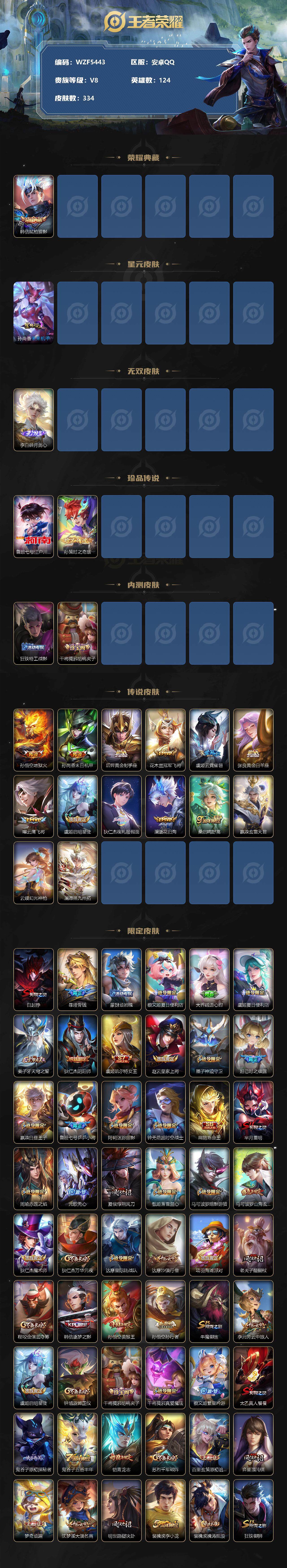 【WZF5443】贵族8/皮肤334/典藏1/传说14/史诗91/英雄124/韩信_弑枪猎影/孙尚香_未来机甲/李白_碎月剑心/鲁班七号_江户川柯南/孙策_时之奇旅/狂铁_特工战影/干将莫邪_胡桃夹