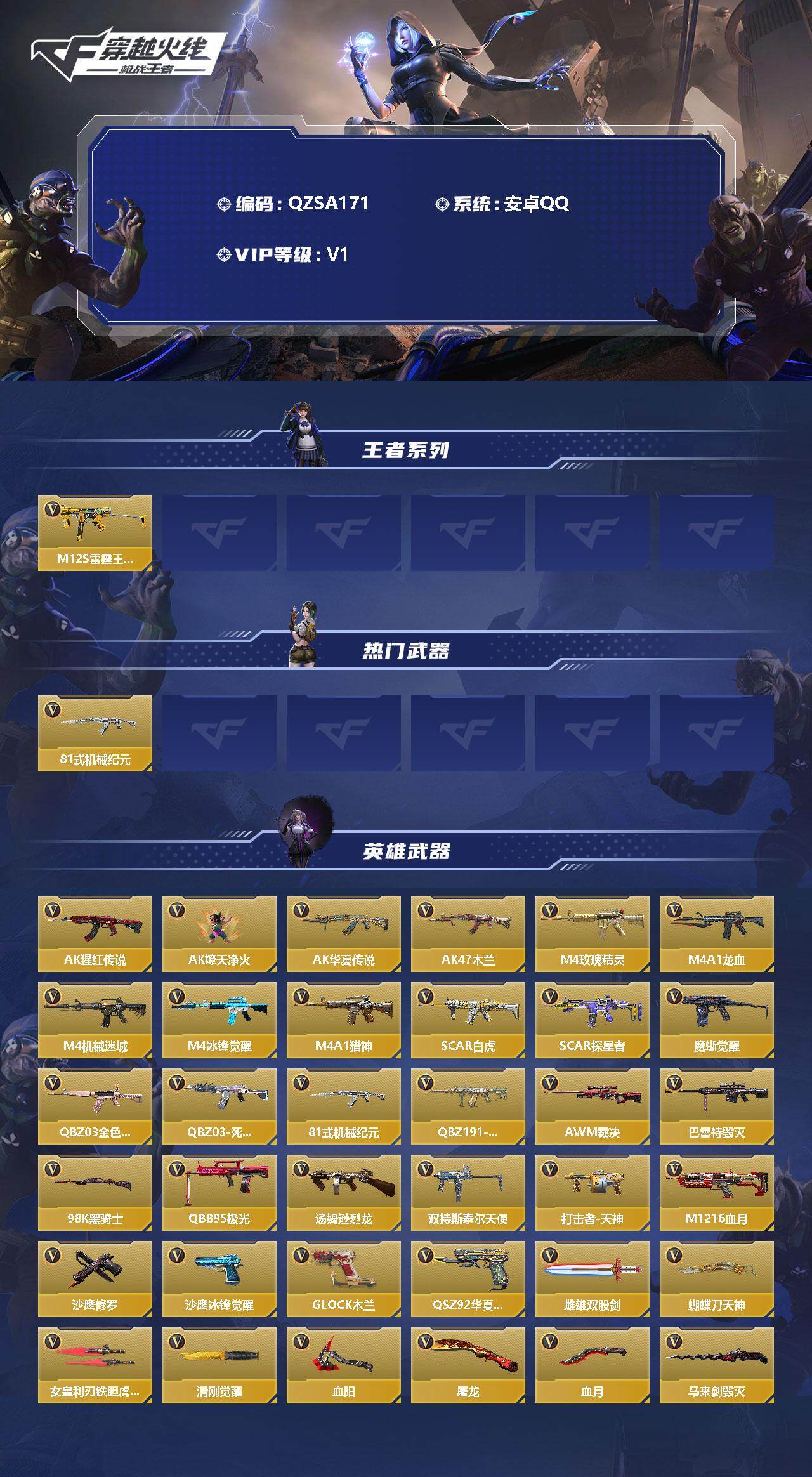 【QZSA171】VIP1/68V/M12S-雷霆王者/81式-机械纪元/AK47-猩红传说/AK47-燎天净火/AK47-华夏传说/AK47-木兰/M4A1-玫瑰精灵/M4A1-龙血/M4A1-机