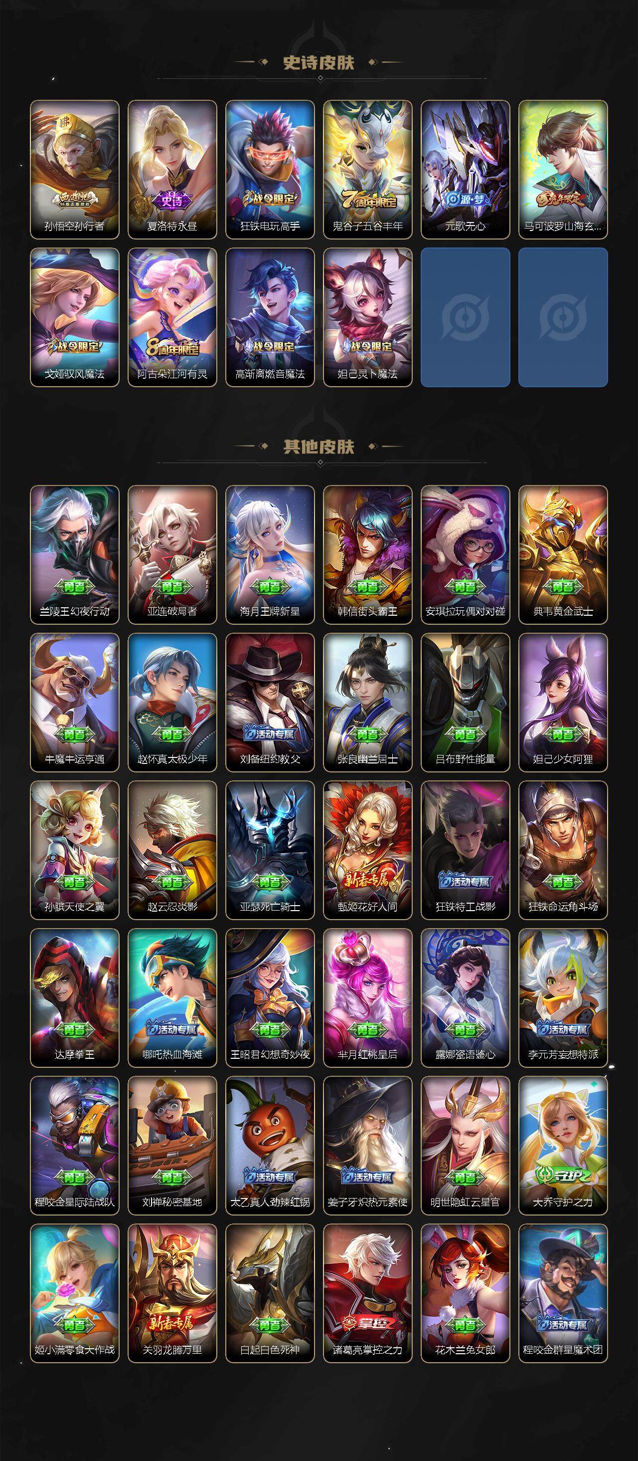 【WZF5552】贵族0/皮肤133/典藏1/传说5/史诗33/英雄108/李白_鸣剑·曳影/狂铁_特工战影/干将莫邪_胡桃夹子/孙尚香_末日机甲/曜_山海·苍雷引/花木兰_燃星之曲/澜_逐花归海/