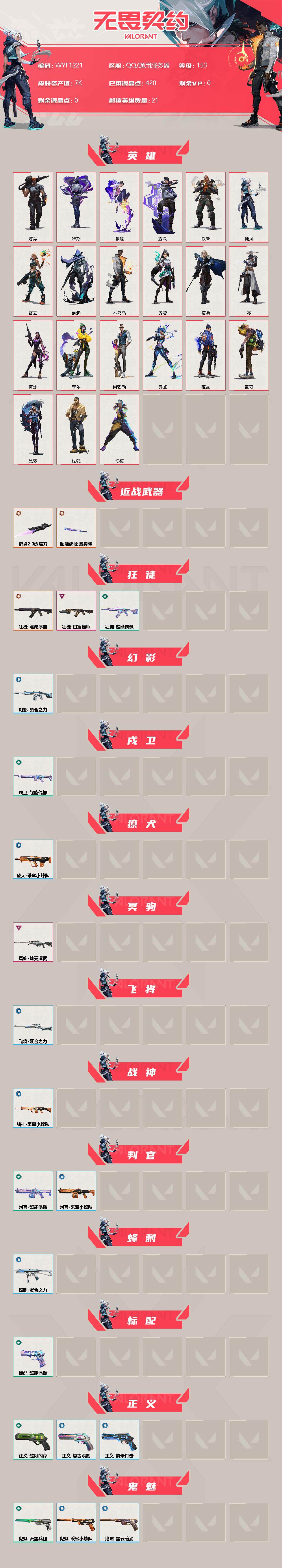 【WYF1221】终极*3/卓越*2/皮肤*23/等级*153/段位:白银/幻棱/炼狱/维斯/暮蝶/钛狐/壹决/铁臂/捷风/雷兹/幽影/不死鸟/贤者/猎枭/零/芮娜/奇乐/尚勃勒/霓虹/夜露/盖可/